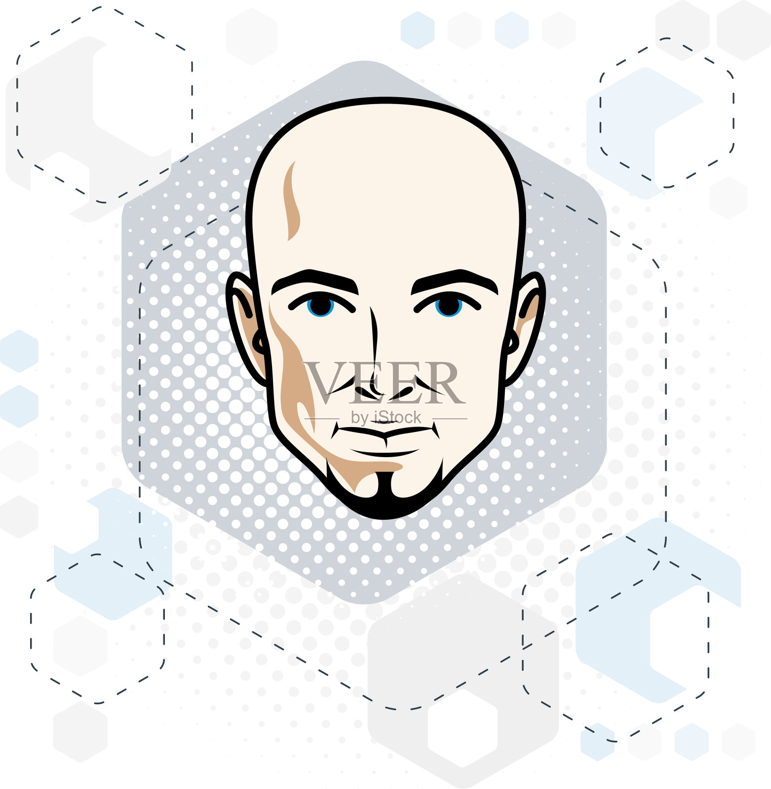 白种人人脸，矢量人头插图。有魅力的无毛胡须男性，嬉皮士插画图片素材