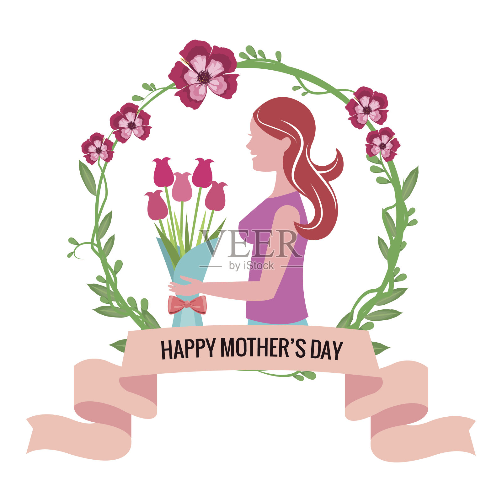 母亲节快乐——女子花束花冠丝带插画图片素材