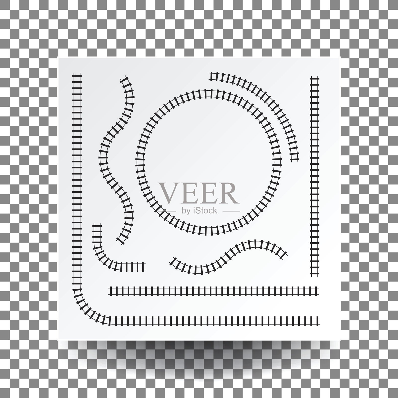铁路曲线，直线，圆，弧，集合集，插图矢量空白白方块纸上透明和真实的阴影。插画图片素材