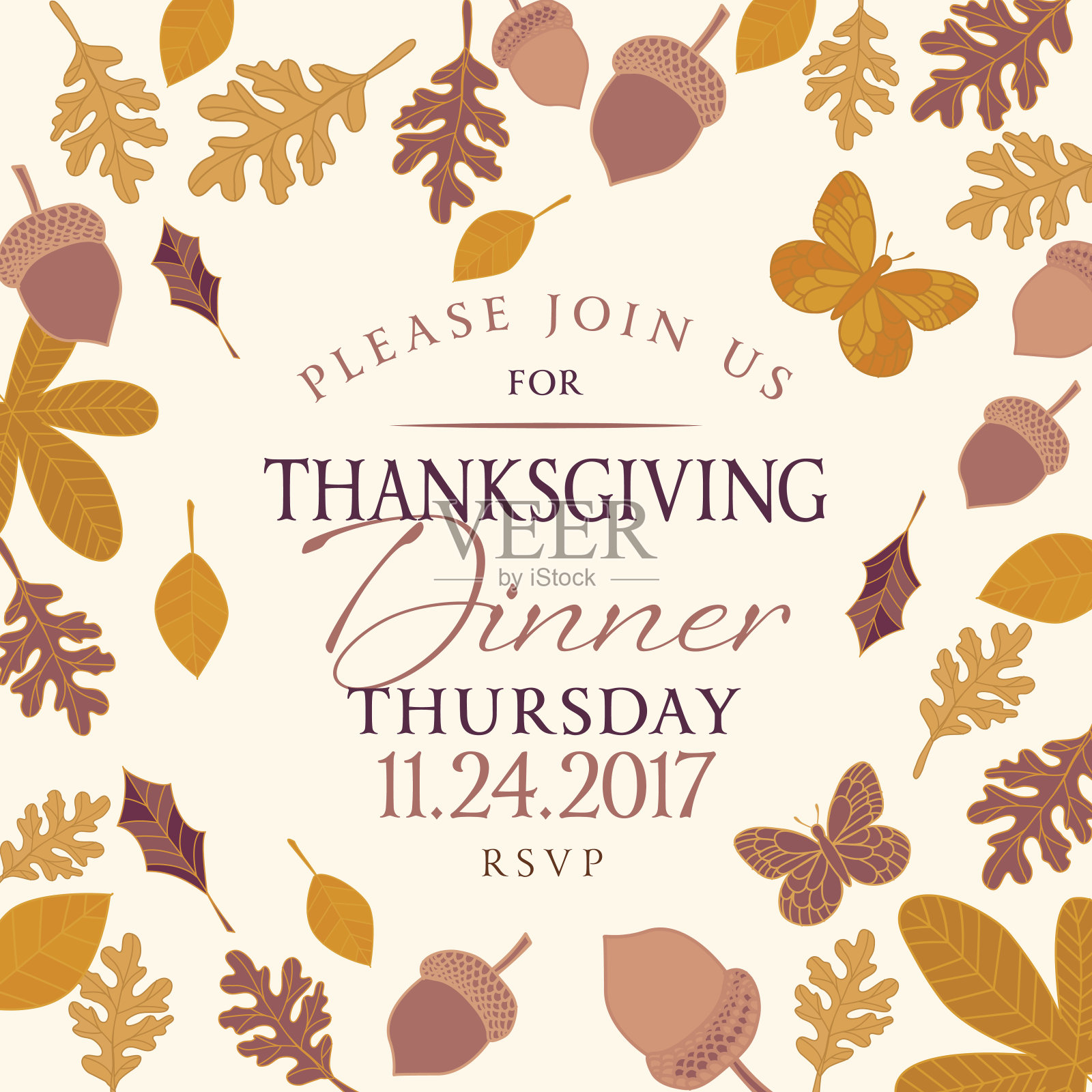 手绘秋叶背景感恩节晚餐邀请设计模板素材