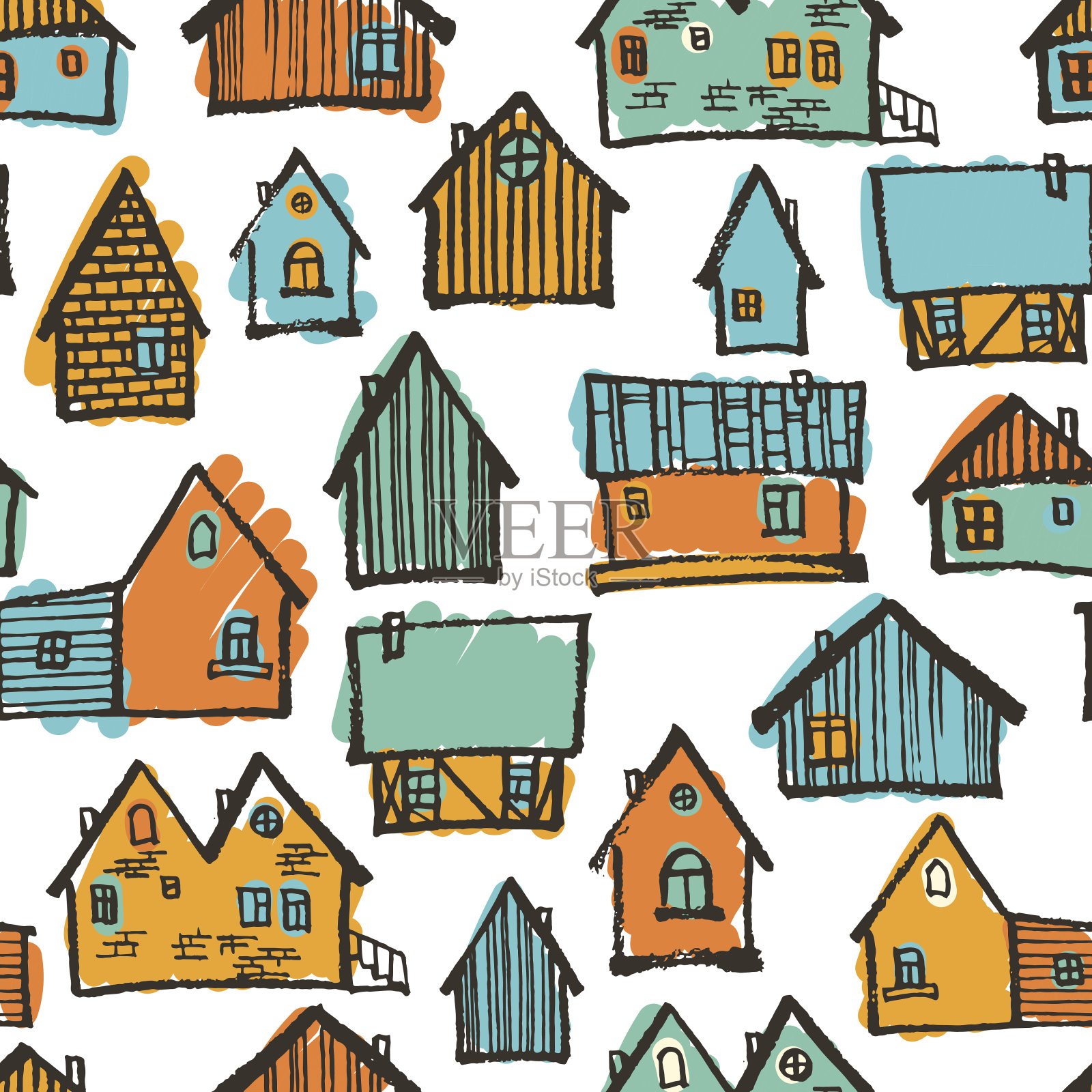手绘色彩丰富的古村落木房，刷卡通家居建筑无缝图案插画图片素材