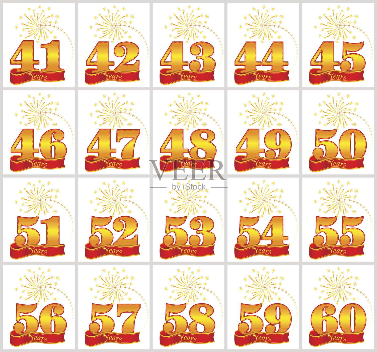 一组黄金数字从41到60和年度词汇在一个红丝带的背景。矢量插图。设计模板素材