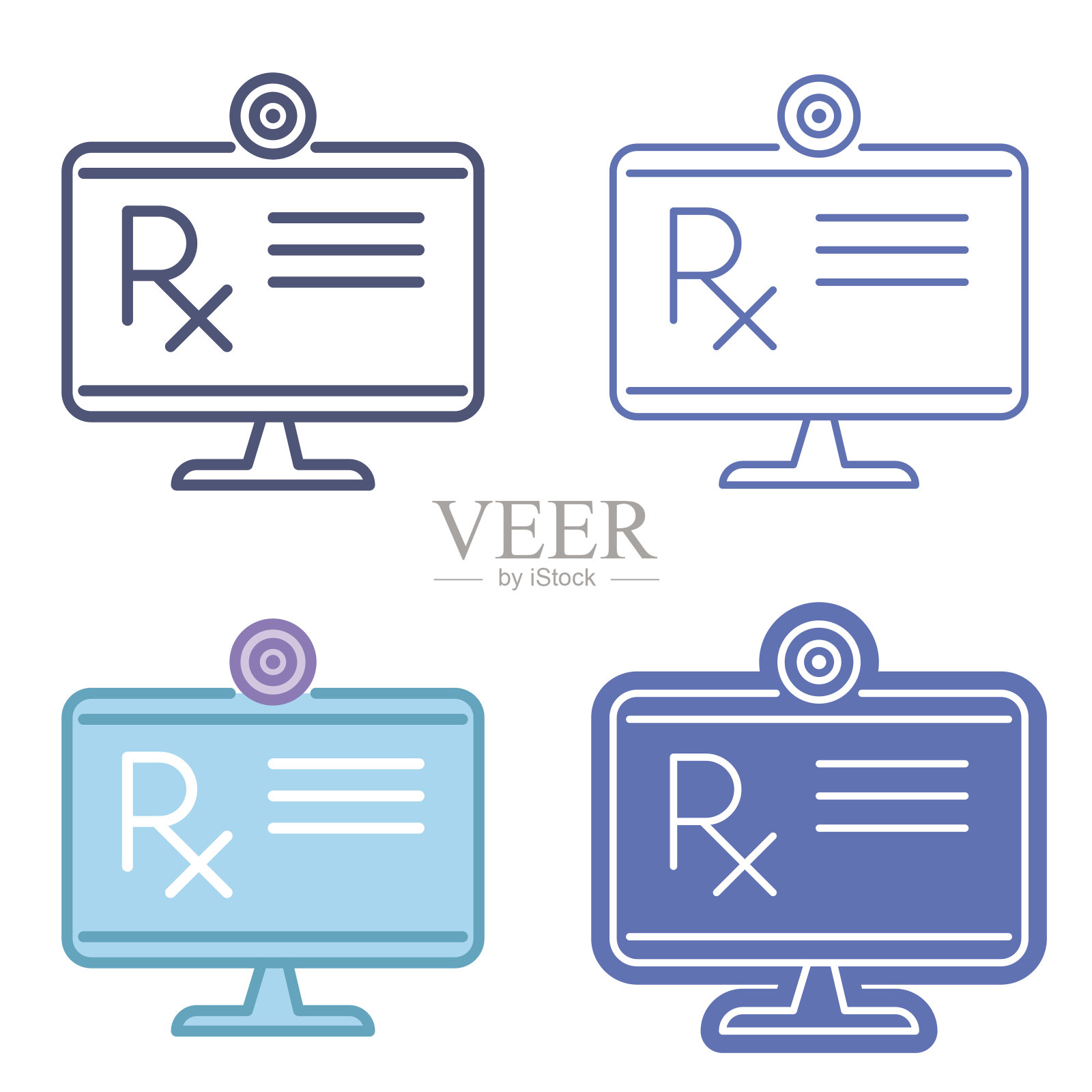 带有处方符号的桌面显示器。远程医疗矢量轮廓图标集。图标素材