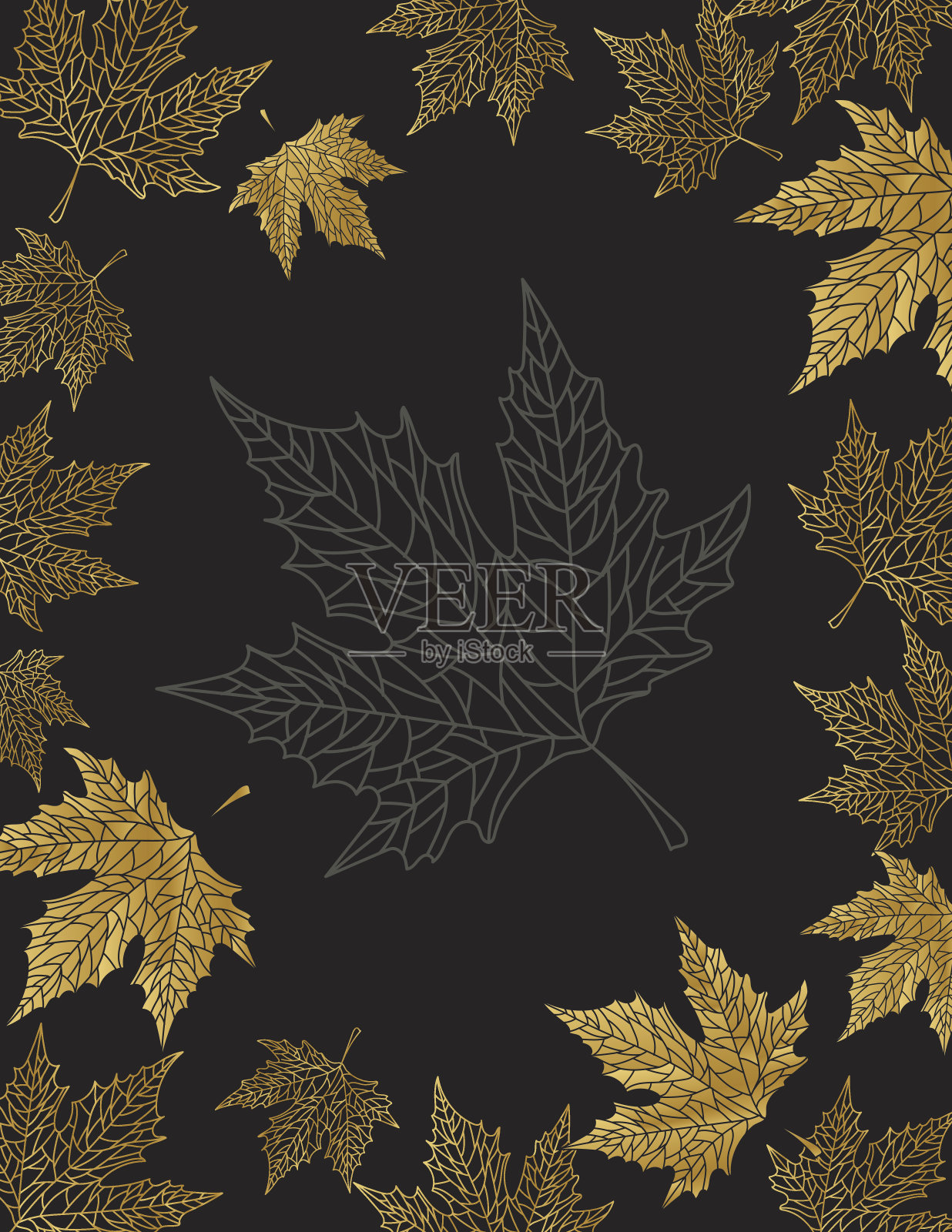 手绘叶背景在黑色和金色插画图片素材
