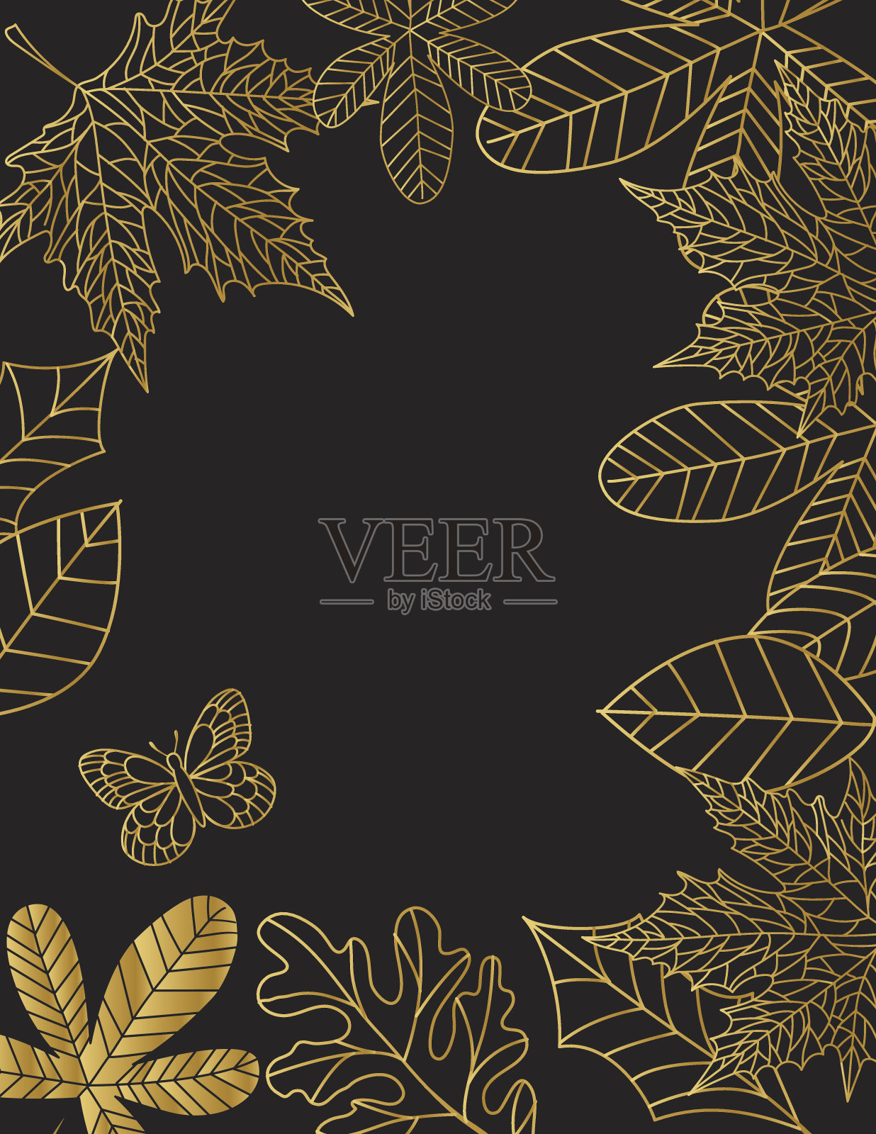 手绘叶背景在黑色和金色插画图片素材