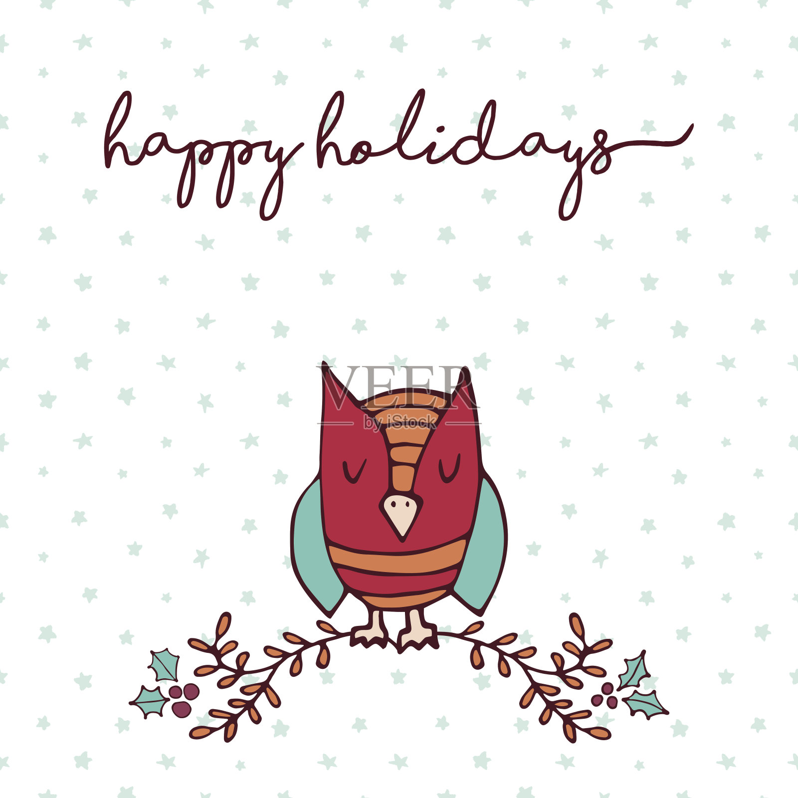 圣诞装饰自然可爱的猫头鹰卡通卡片设计模板素材