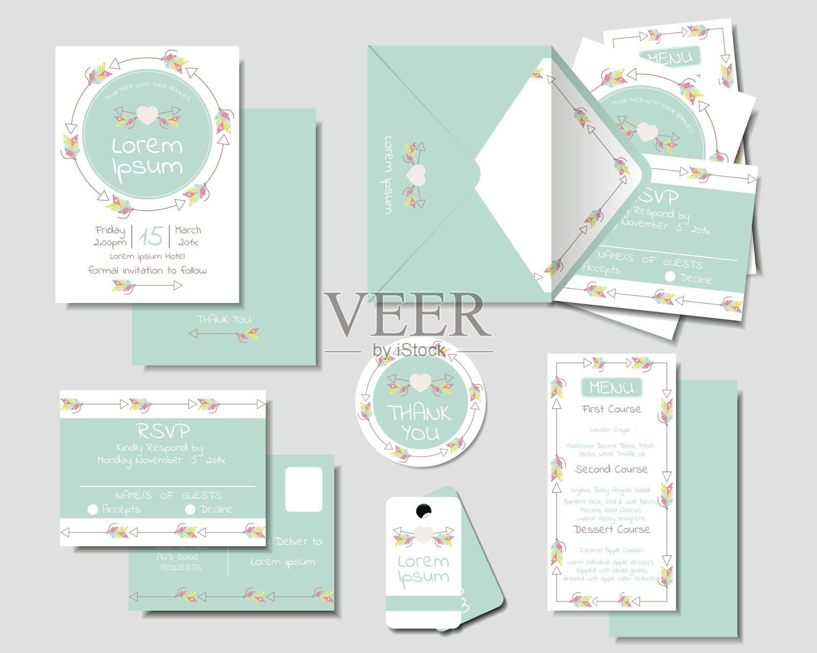 一套彩色箭头花环的婚礼邀请卡。薄荷的基调。回复别人的名片。谢谢你的名片。信封。菜单。贴纸。标签。前后模板设计模板素材