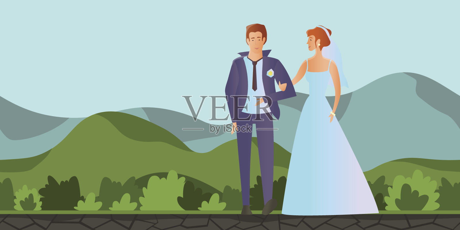 相爱的年轻夫妇。男人和女人在山景婚礼上。矢量插图。插画图片素材