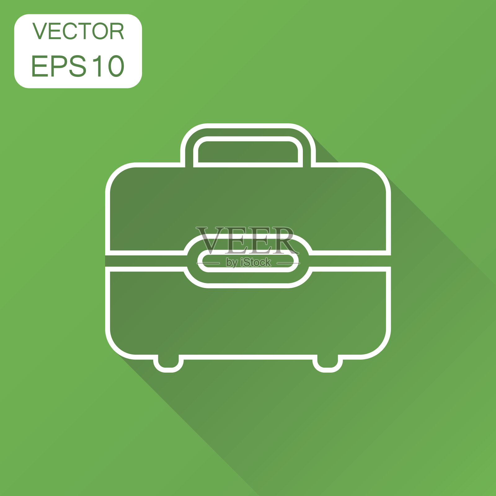 手提箱图标。经营理念箱包以线条造型象形。矢量插图上的绿色背景和长阴影。插画图片素材