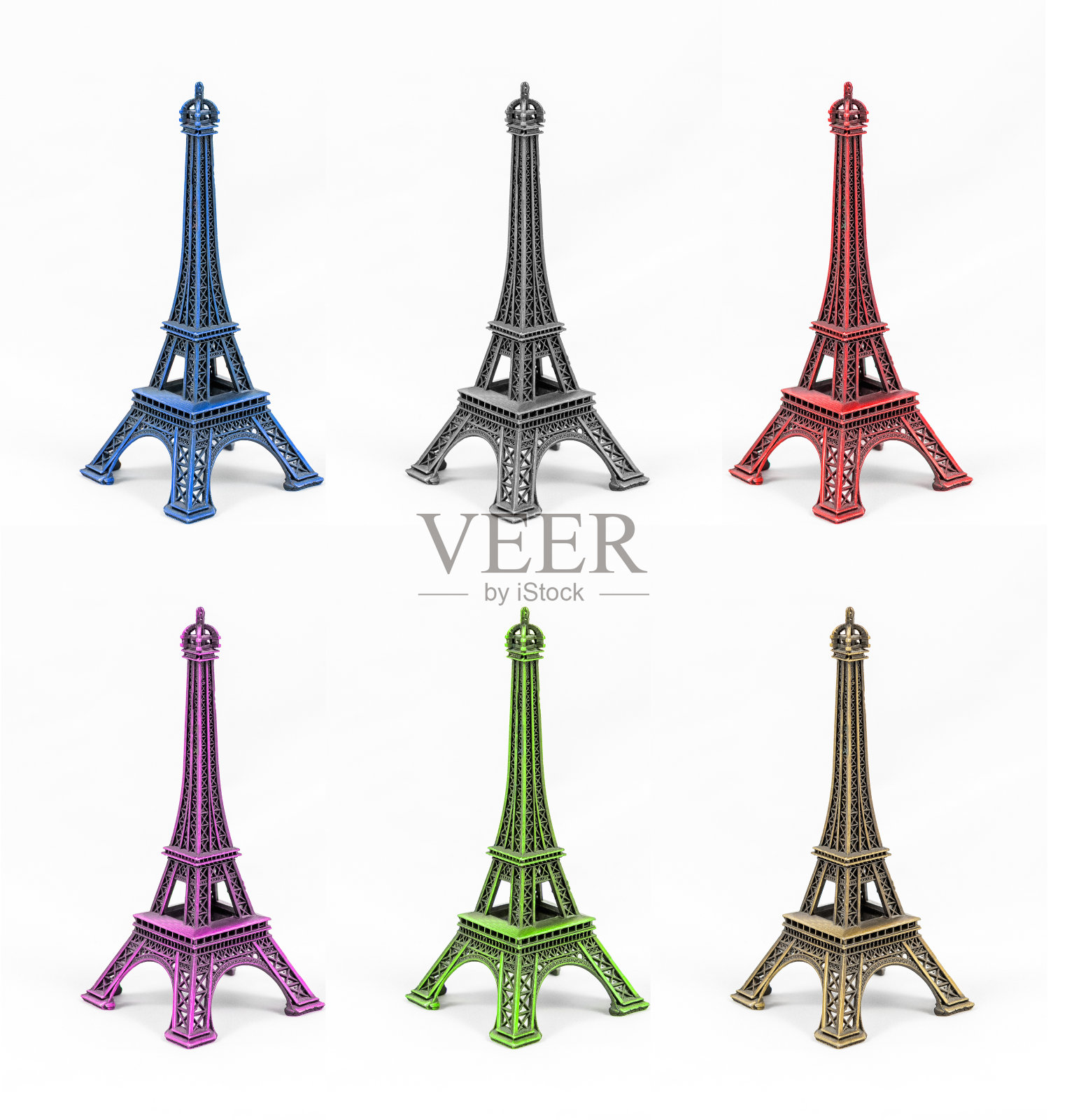 6个彩色埃菲尔铁塔模型，孤立在白色背景上照片摄影图片