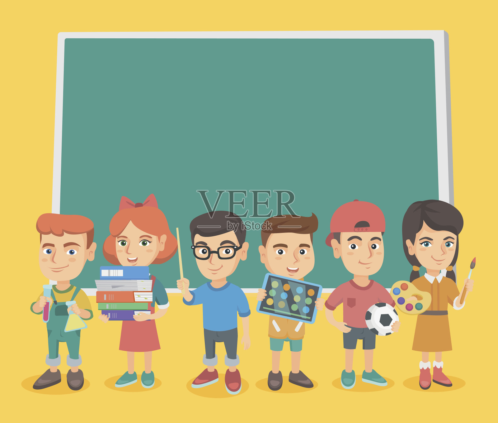 白人同学站在黑板旁边插画图片素材