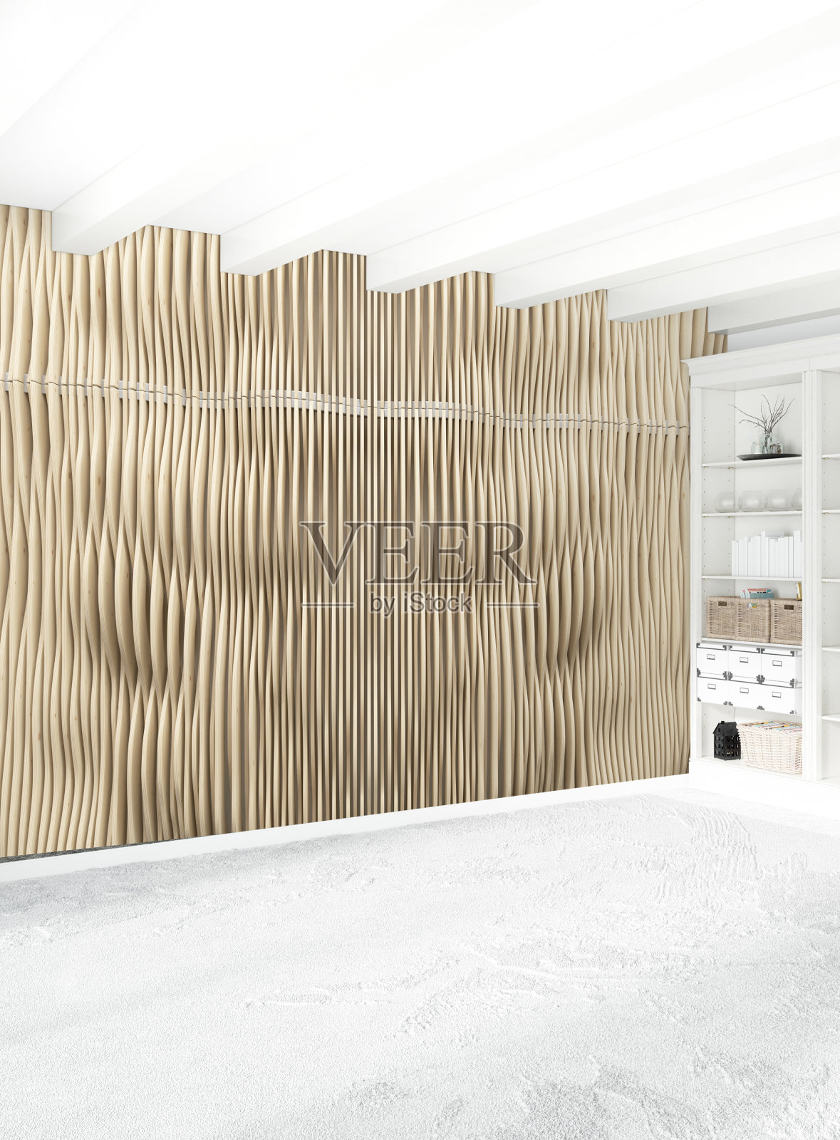 室内设计以木墙和灰色沙发为主。3D渲染，3D插图照片摄影图片