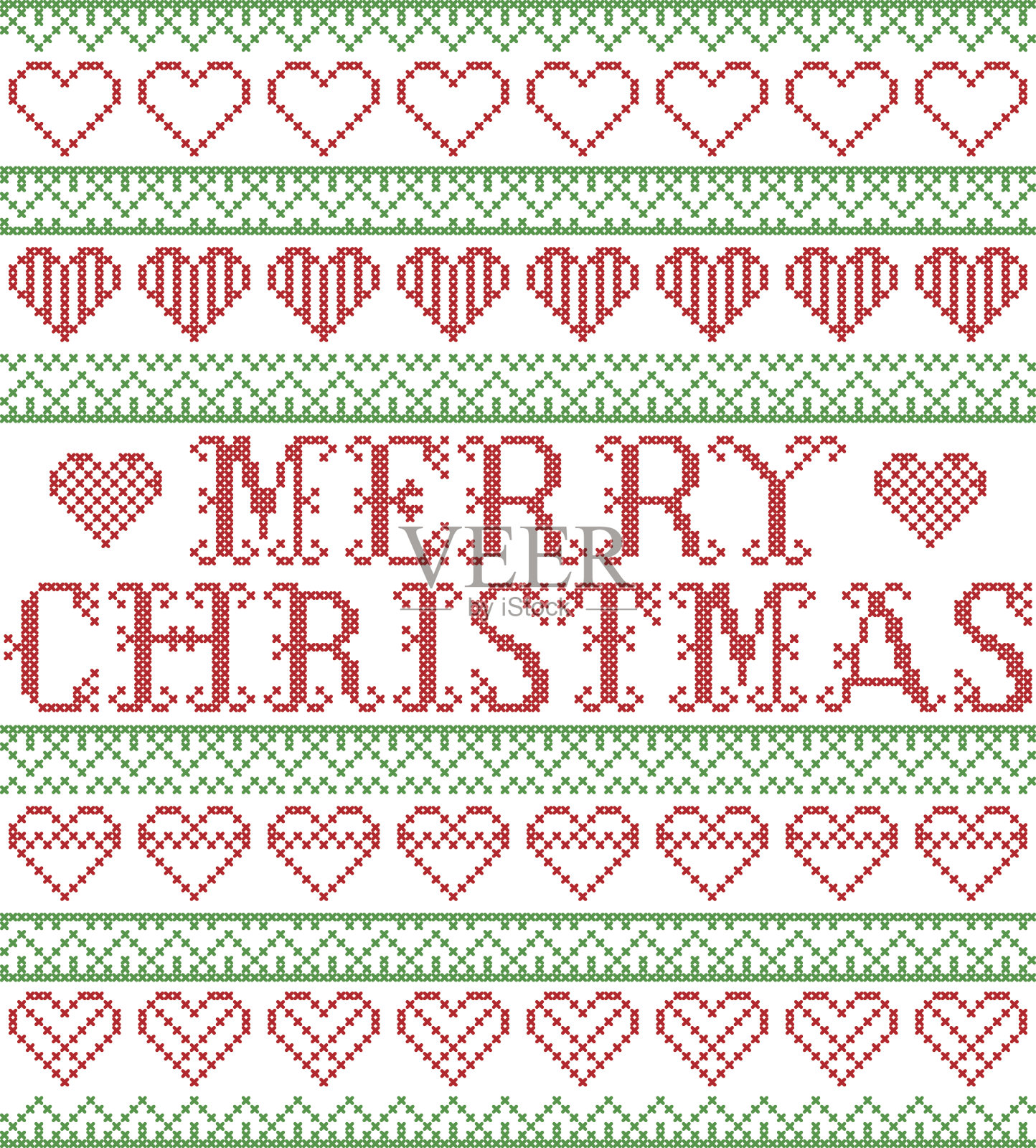 圣诞快乐北欧风格和灵感来自斯堪的纳维亚十字绣工艺无缝圣诞图案在红色，绿色和白色包括各种心元素和装饰装饰插画图片素材