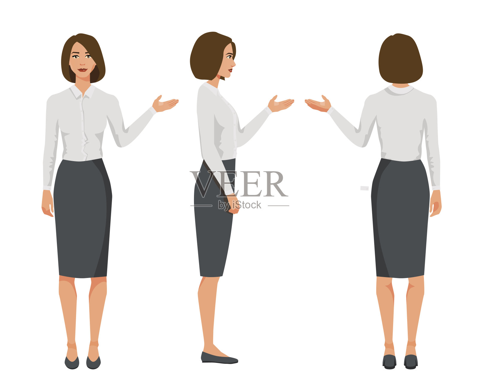 矢量插图的三个商务妇女在正式的衣服。造成的问题。表示构成。卡通现实的人。平坦的年轻女子。正面女孩，侧面女孩，背面女孩插画图片素材