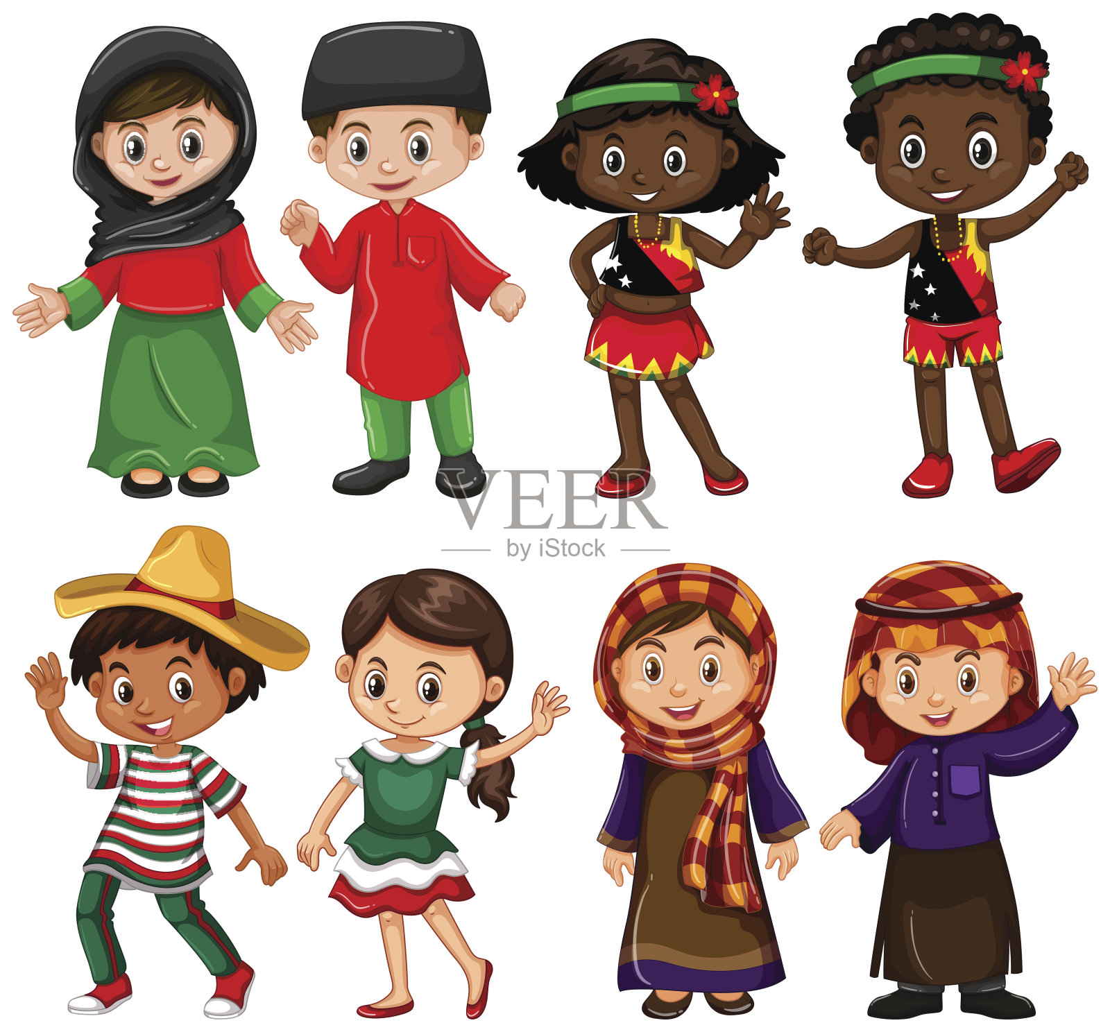 男孩和女孩穿着传统服装插画图片素材