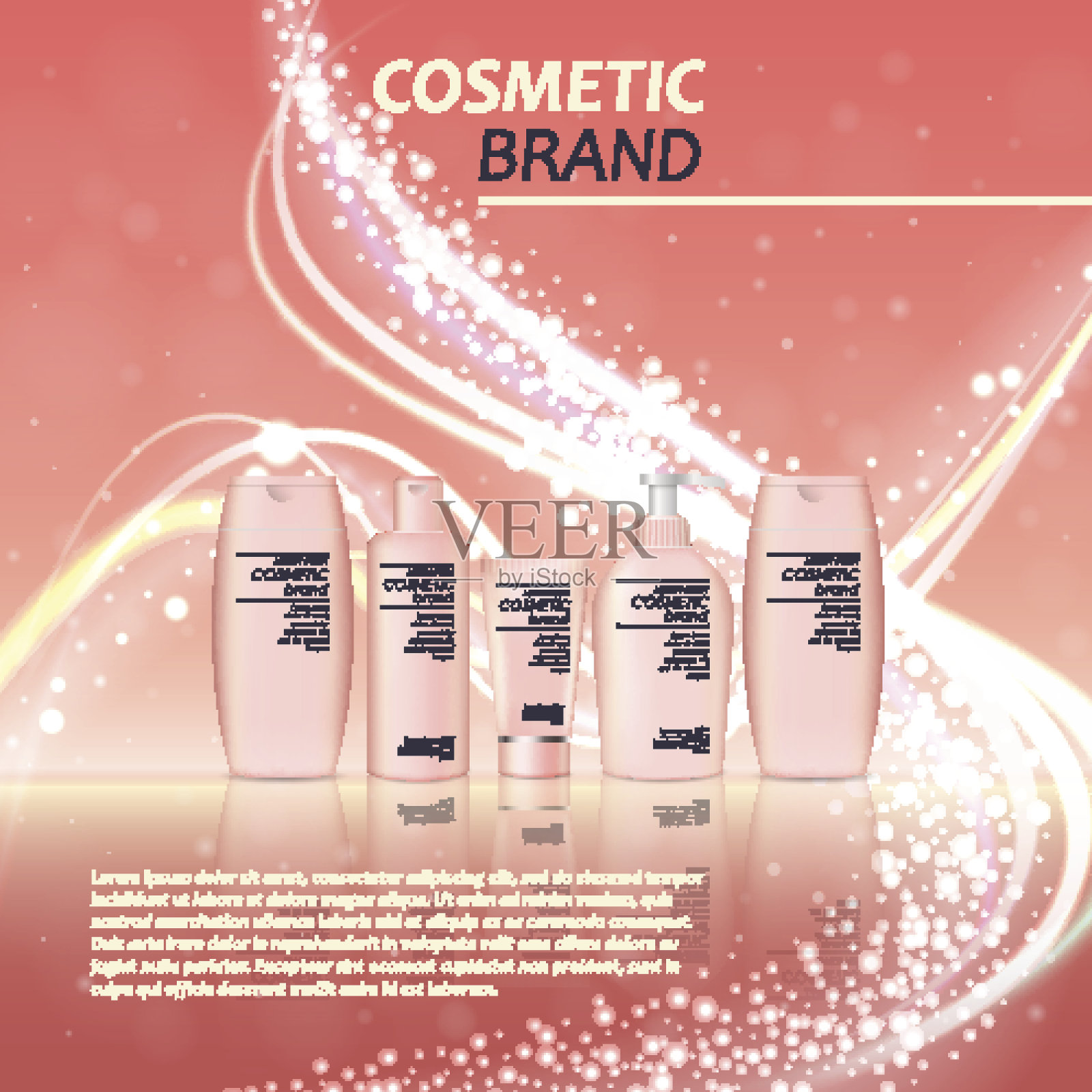 3D逼真的化妆品瓶广告模板。化妆品牌广告概念设计，以亮片和散景为背景设计模板素材