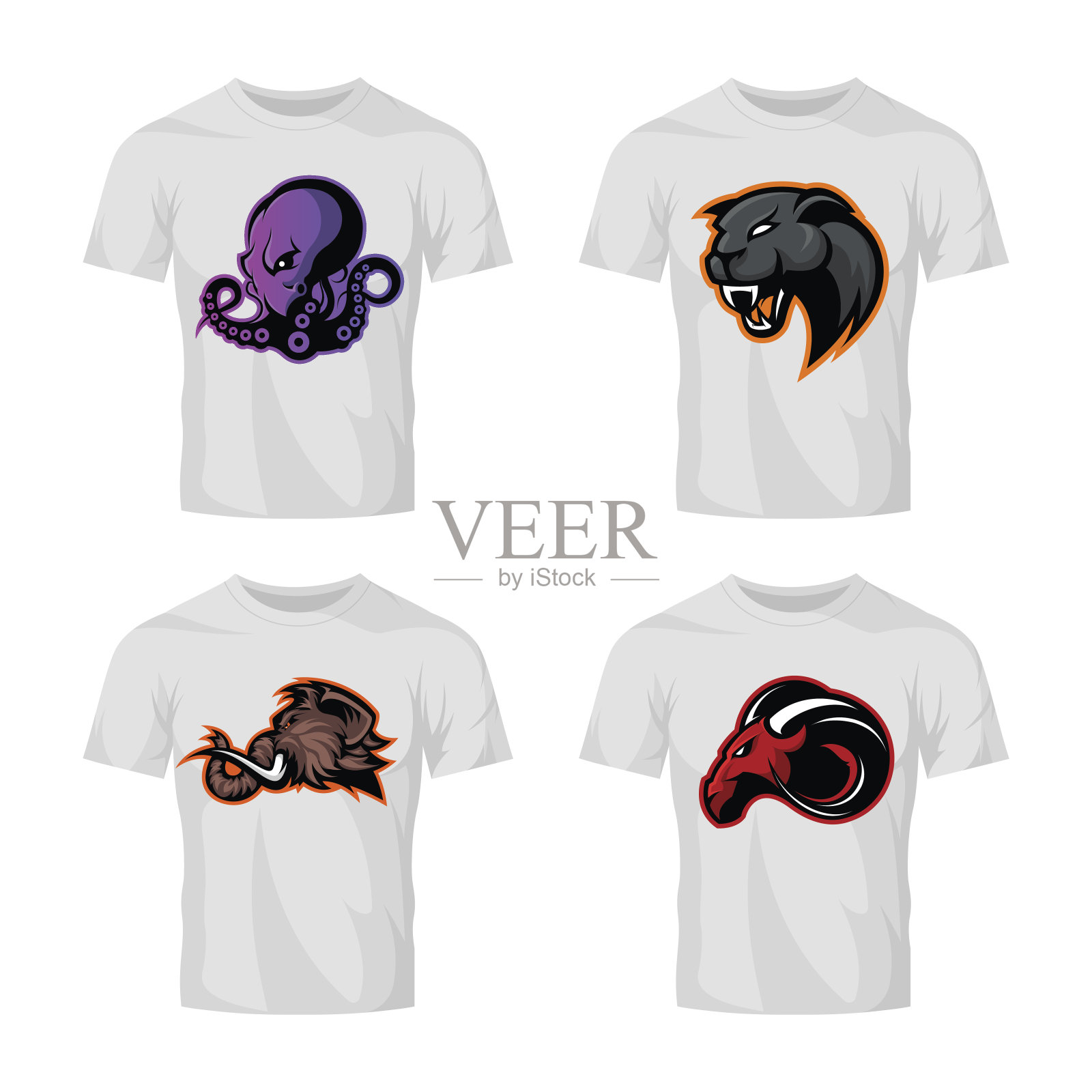 狂暴的公羊，猛犸象，章鱼和豹运动矢量图标，
概念集孤立在白色背景。插画图片素材