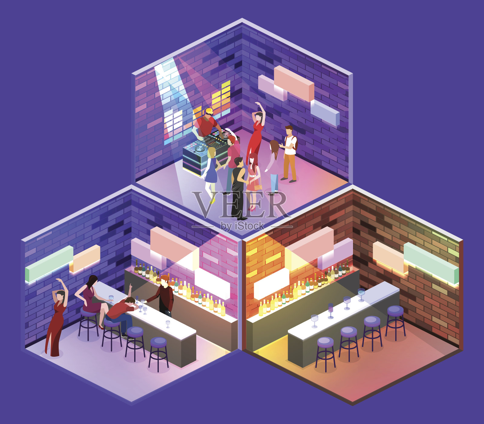 等距平面三维概念矢量切割酒吧在夜总会。设计模板素材