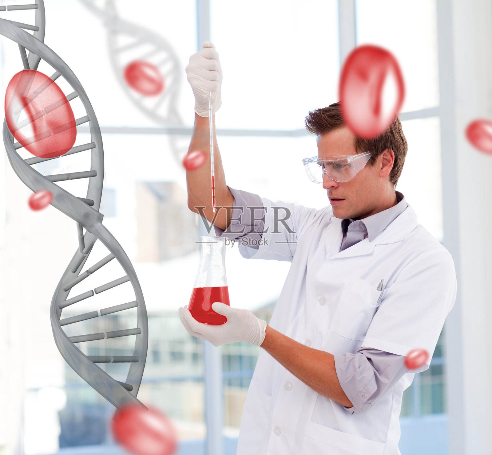 严肃的科学家在试管中移液照片摄影图片