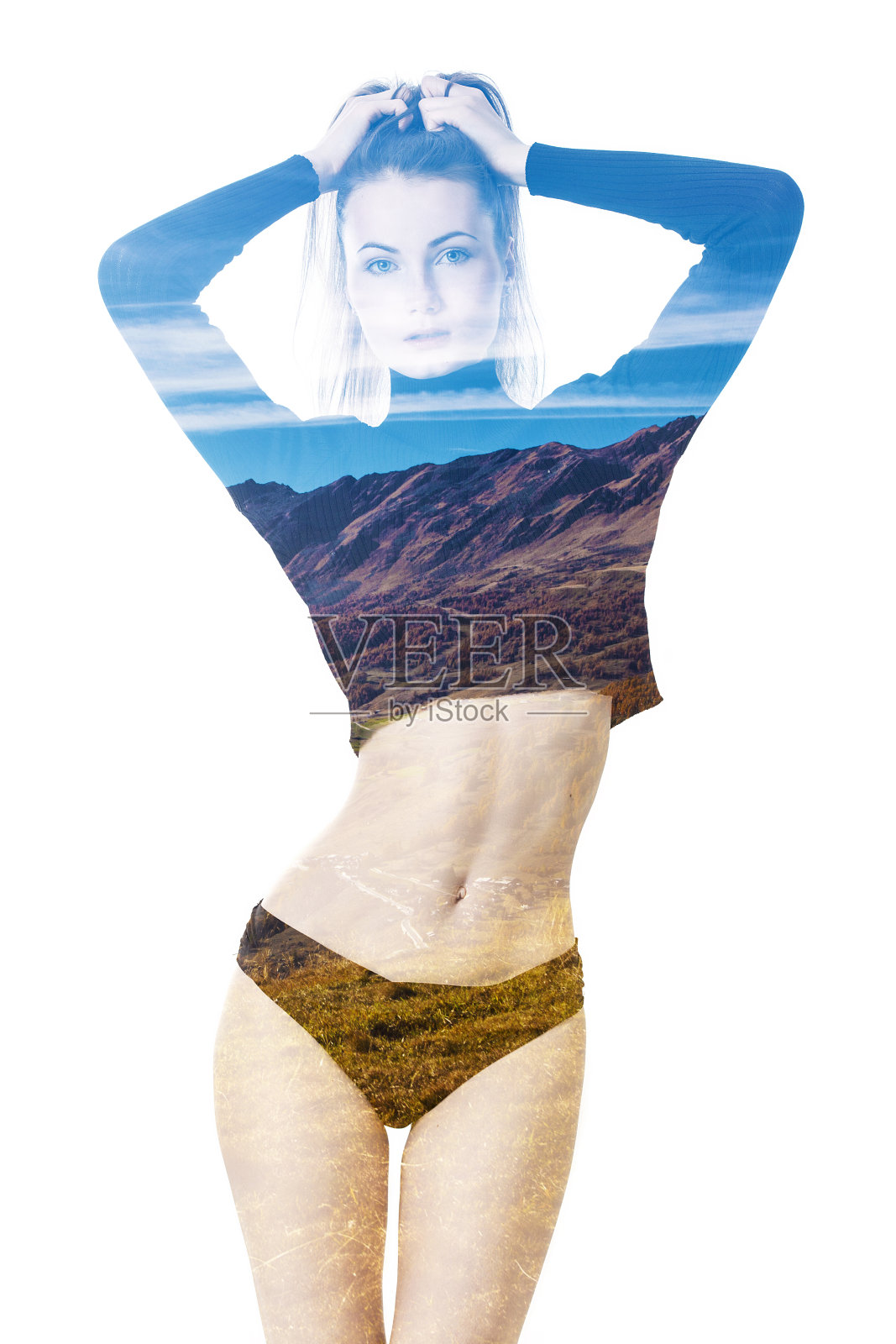 双重曝光的美丽女人和秋天的山景照片摄影图片