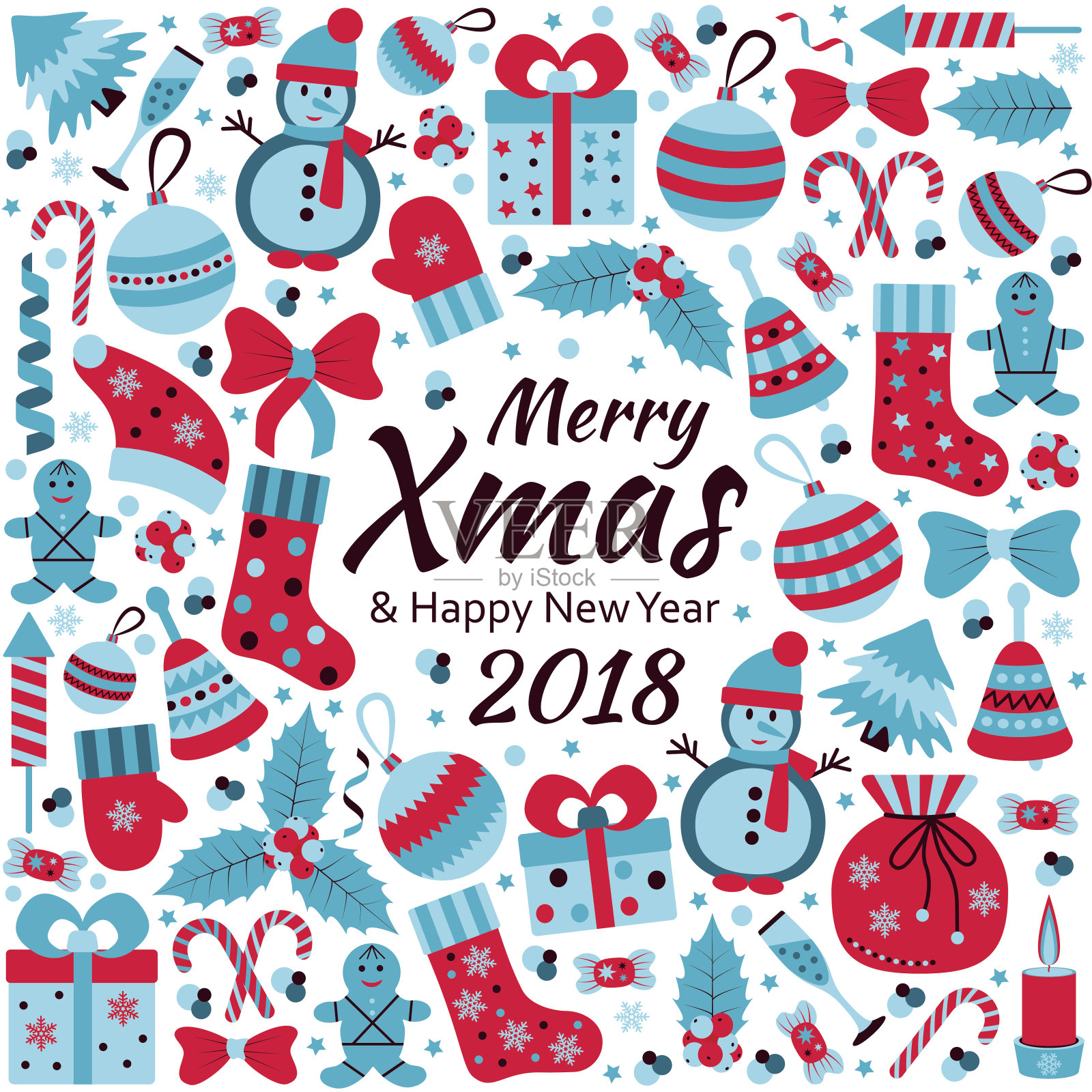 带有圣诞快乐文字和冬季涂鸦玩具的圣诞节贺卡设计模板素材