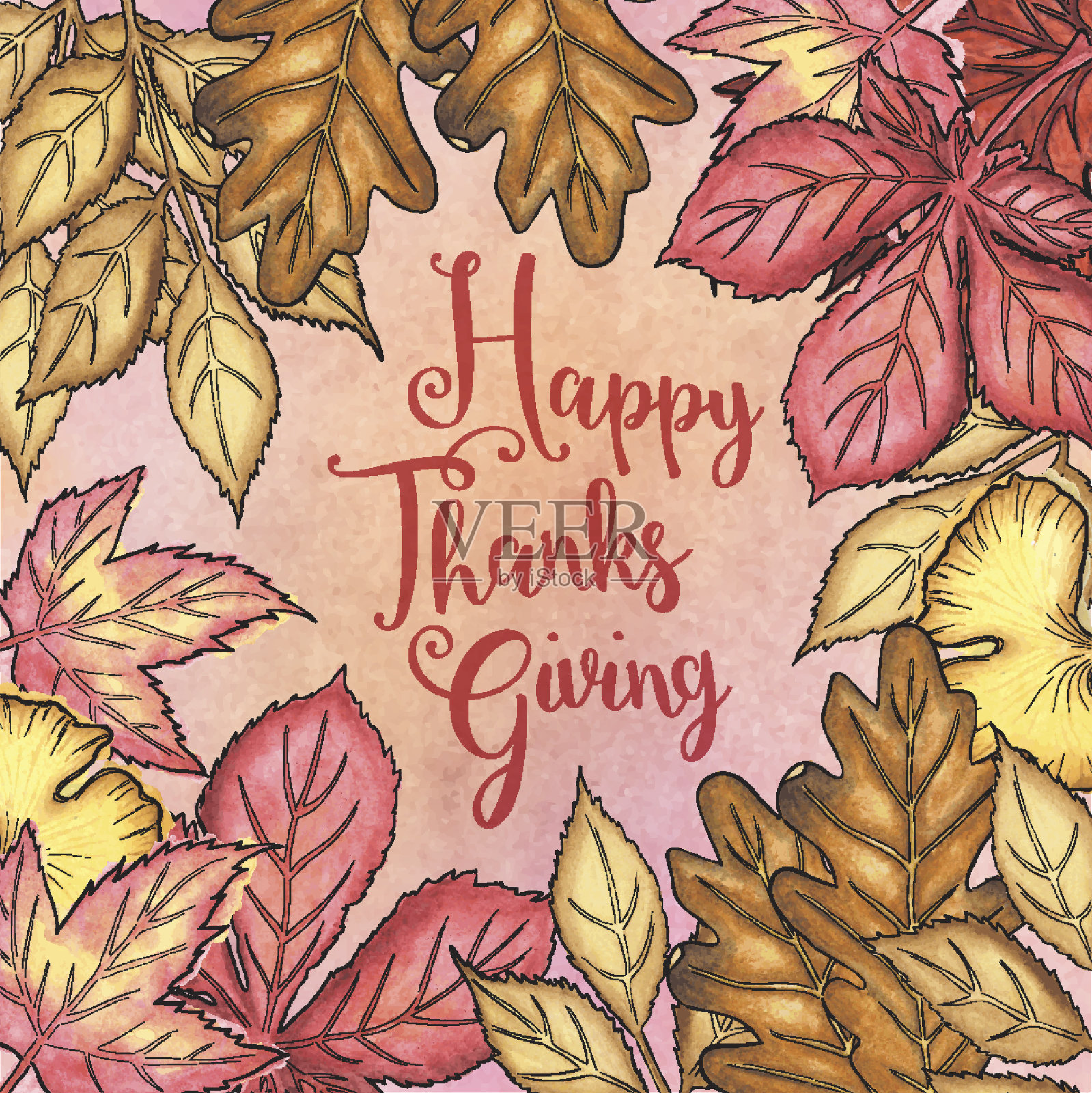 秋叶矢量水彩框架与复制空间，“感恩节快乐”文本插画图片素材