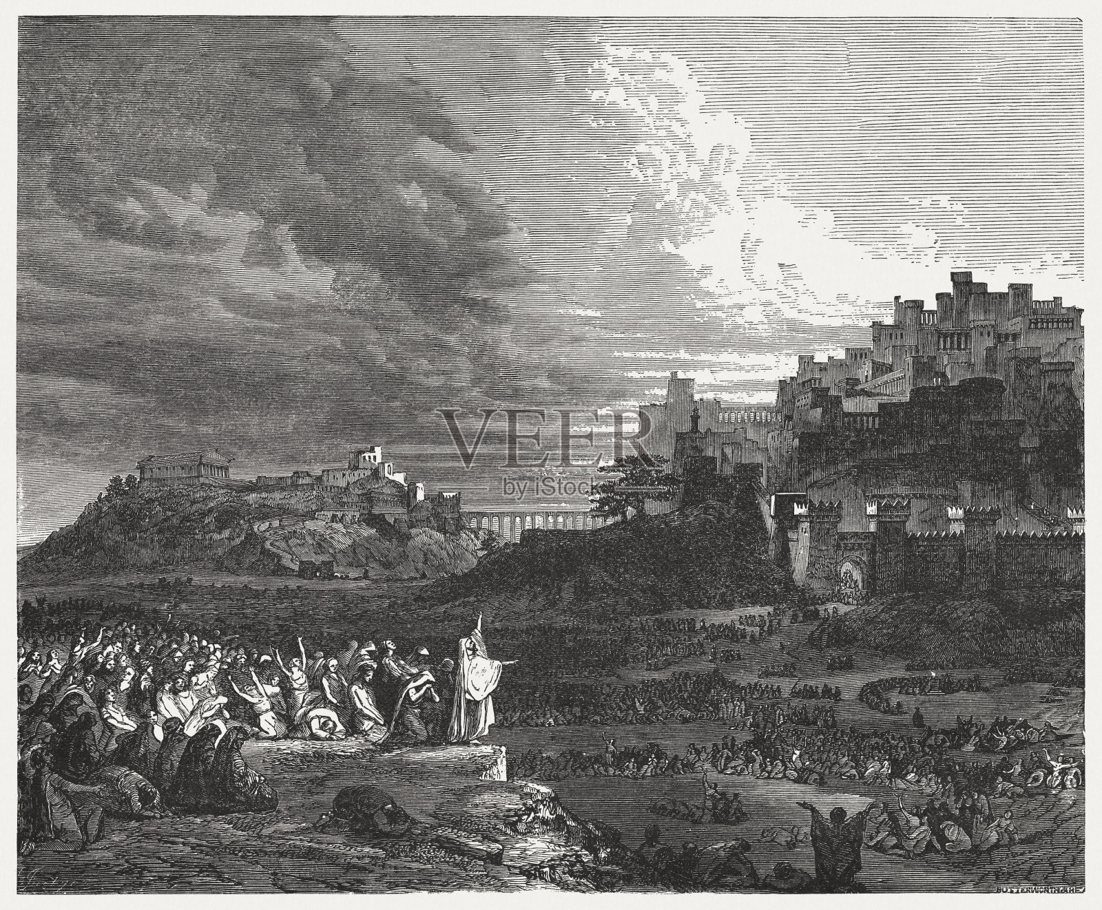 《哈达临门的哀歌》(撒迦利亚书12、11)，木版，出版于1886年插画图片素材