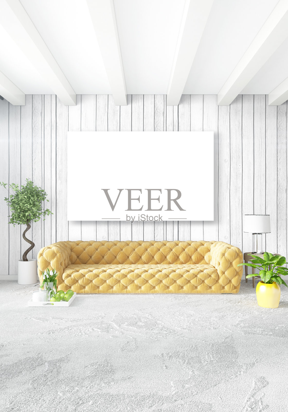 室内设计以木墙和灰色沙发为主。3D渲染，3D插图照片摄影图片