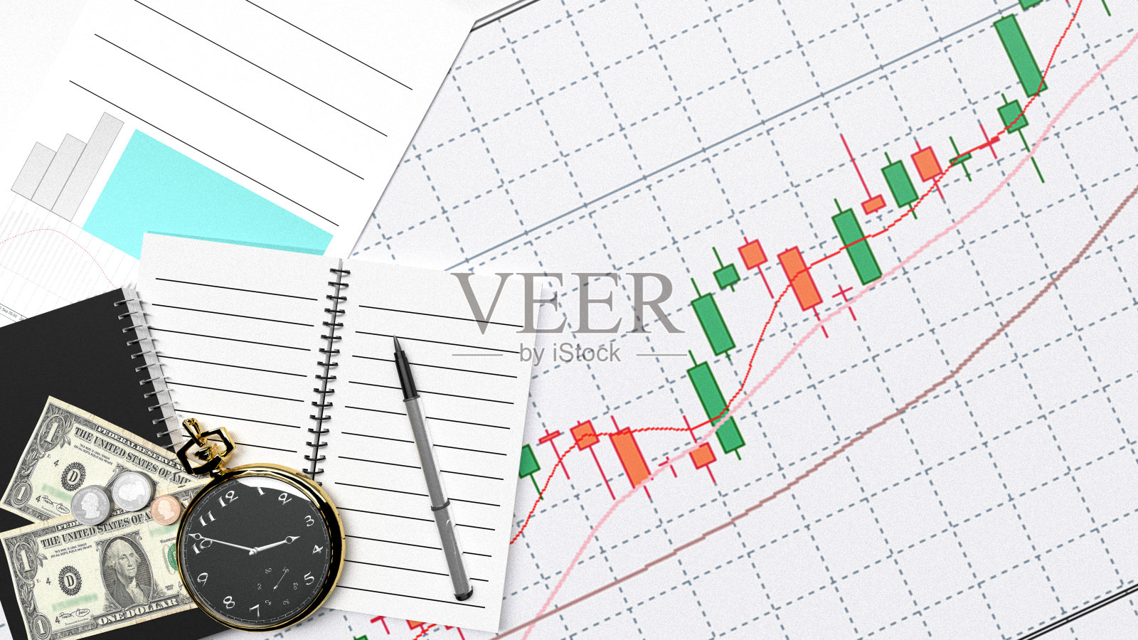 金融数据统计图背景3D渲染股市图表分析和笔记照片摄影图片