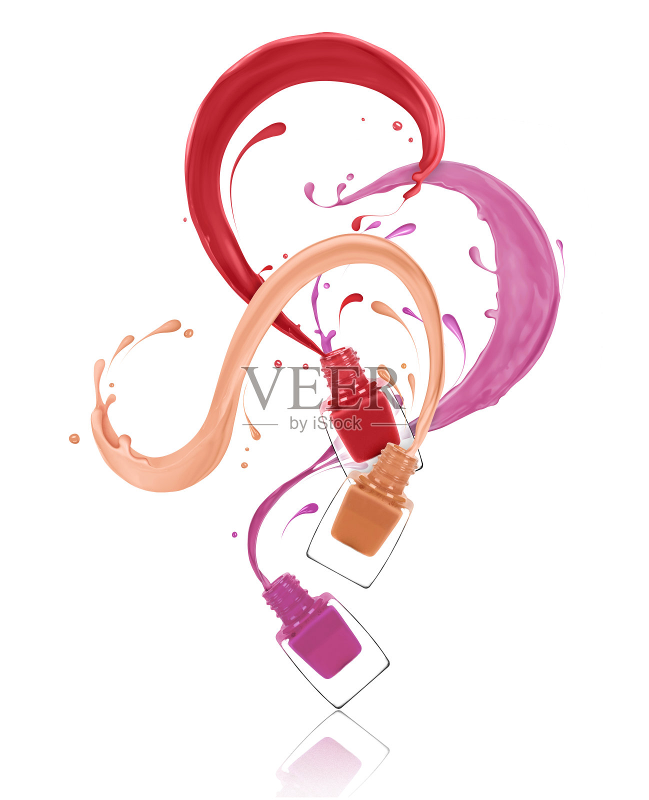 五颜六色的指甲油从瓶子里倒出来，孤立在白色的背景上照片摄影图片