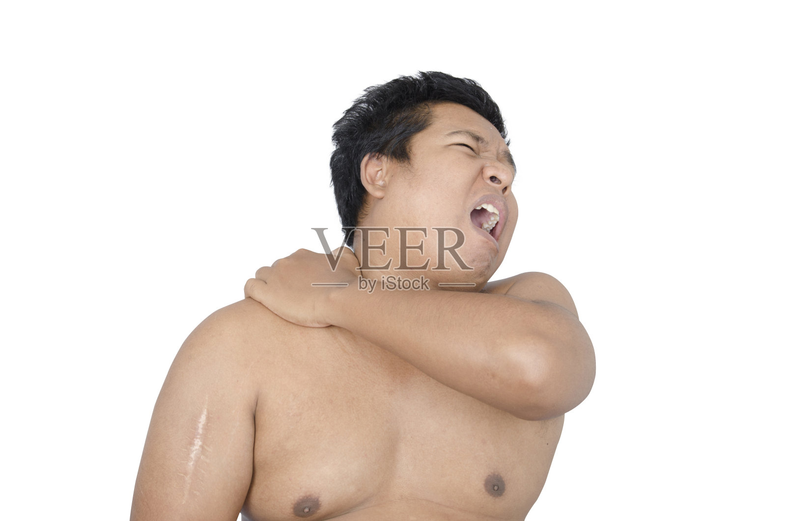 泰国男子肩膀疼痛的白色背景照片摄影图片