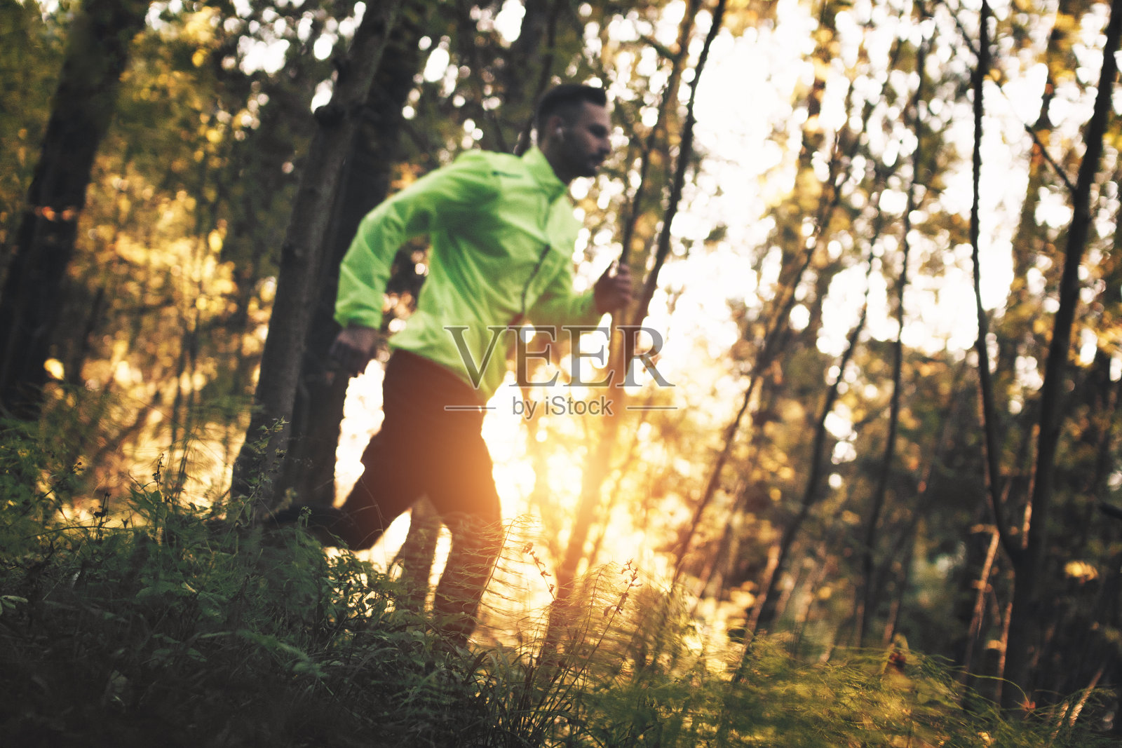 年轻的运动员穿过森林里的障碍跑过崎岖的地形。故意使主要物体离焦。故意模糊照片摄影图片