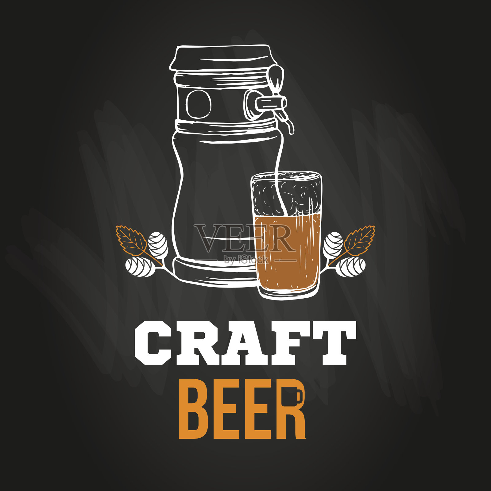 啤酒菜单符号或徽章模板在草图手绘风格与跳在黑板上，矢量插图与工艺饮料图标插画图片素材