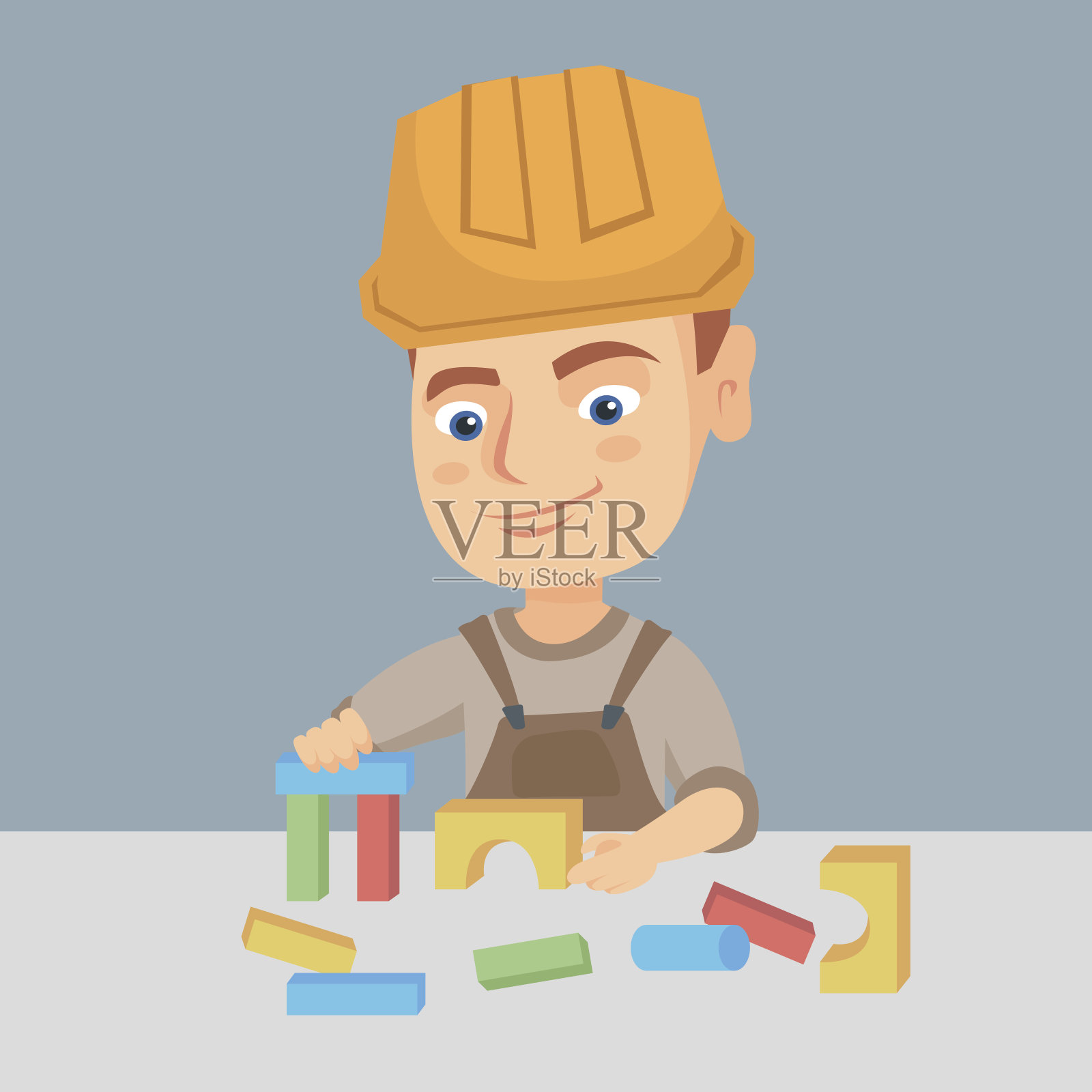 男孩在建筑工室内玩积木玩具插画图片素材