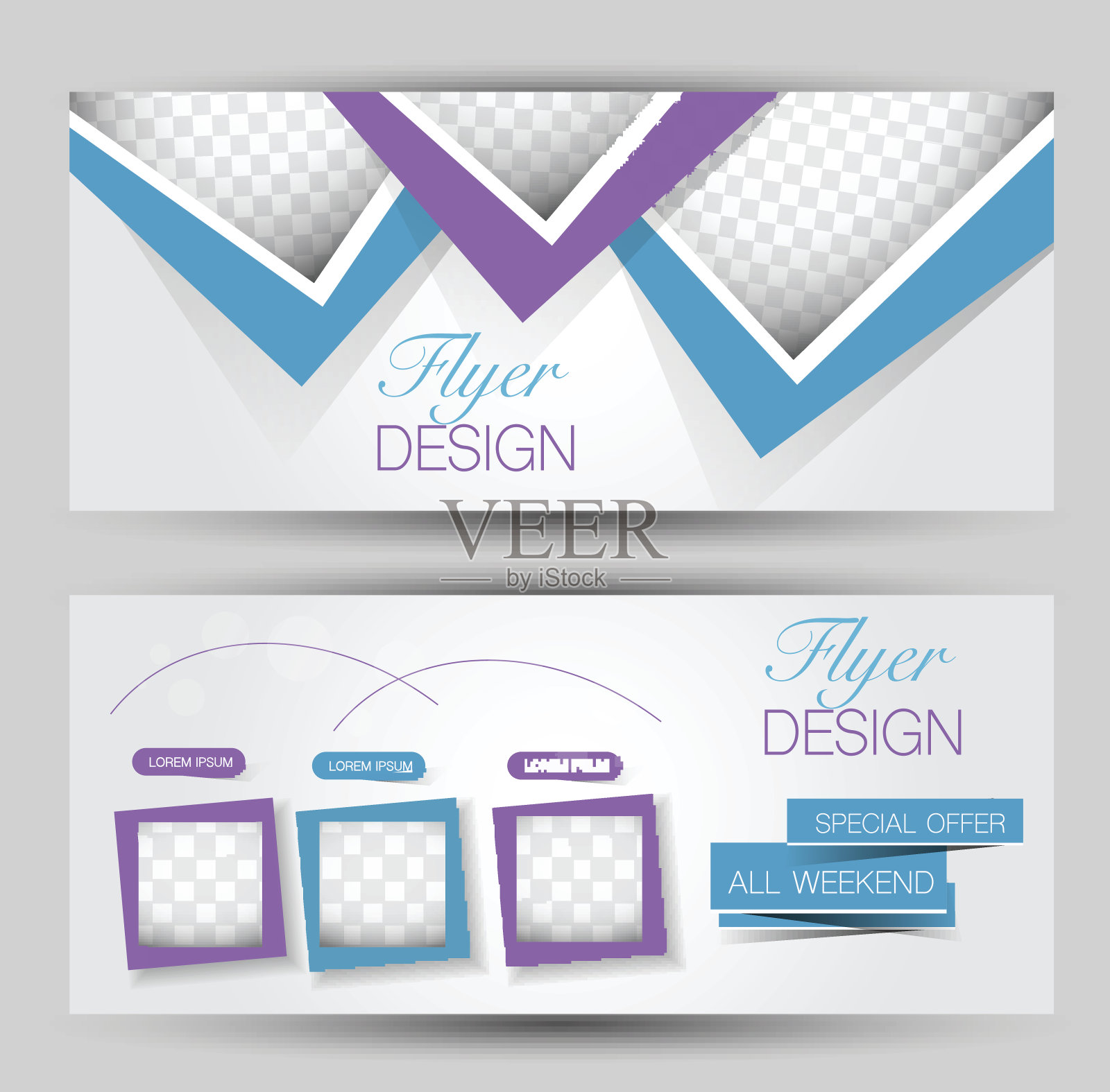 传单横幅或网页标题模板集。矢量插图推广设计背景。蓝色和紫色。插画图片素材