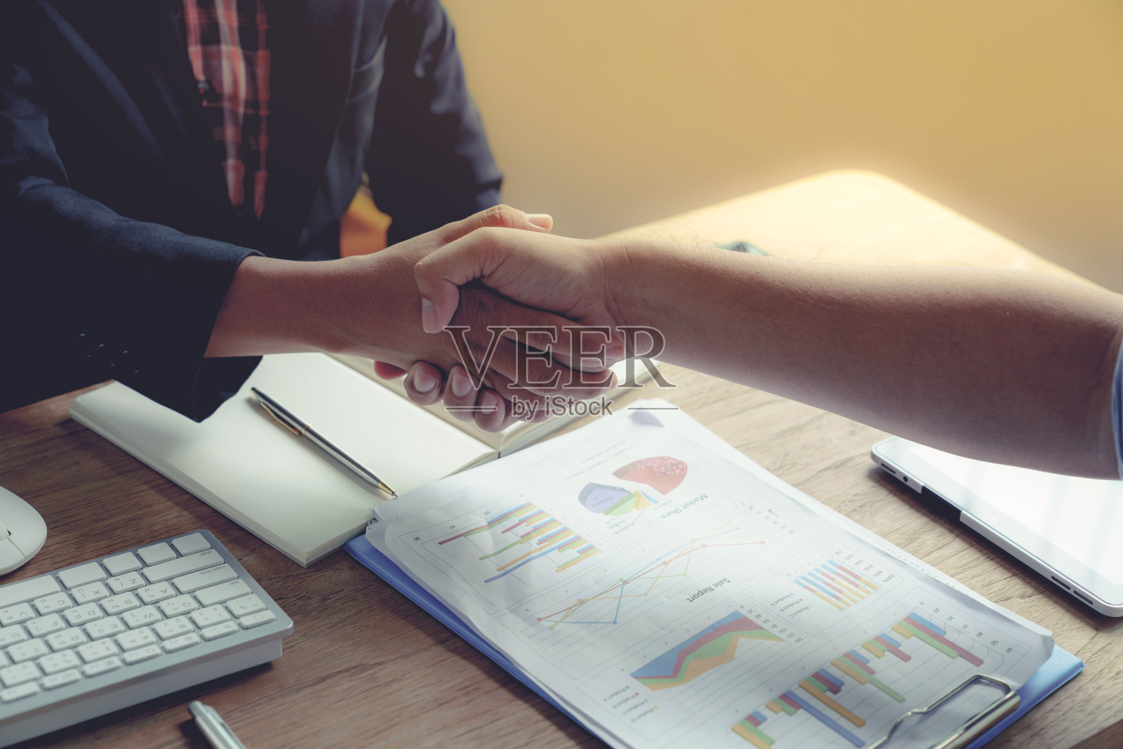 商家握手同意完成公司营销计划目标的大量销售交易照片摄影图片