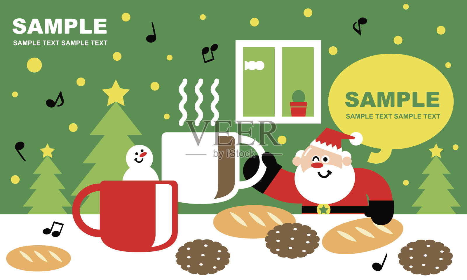 圣诞快乐，新年贺卡，和可爱的圣诞老人和雪人一起喝咖啡插画图片素材