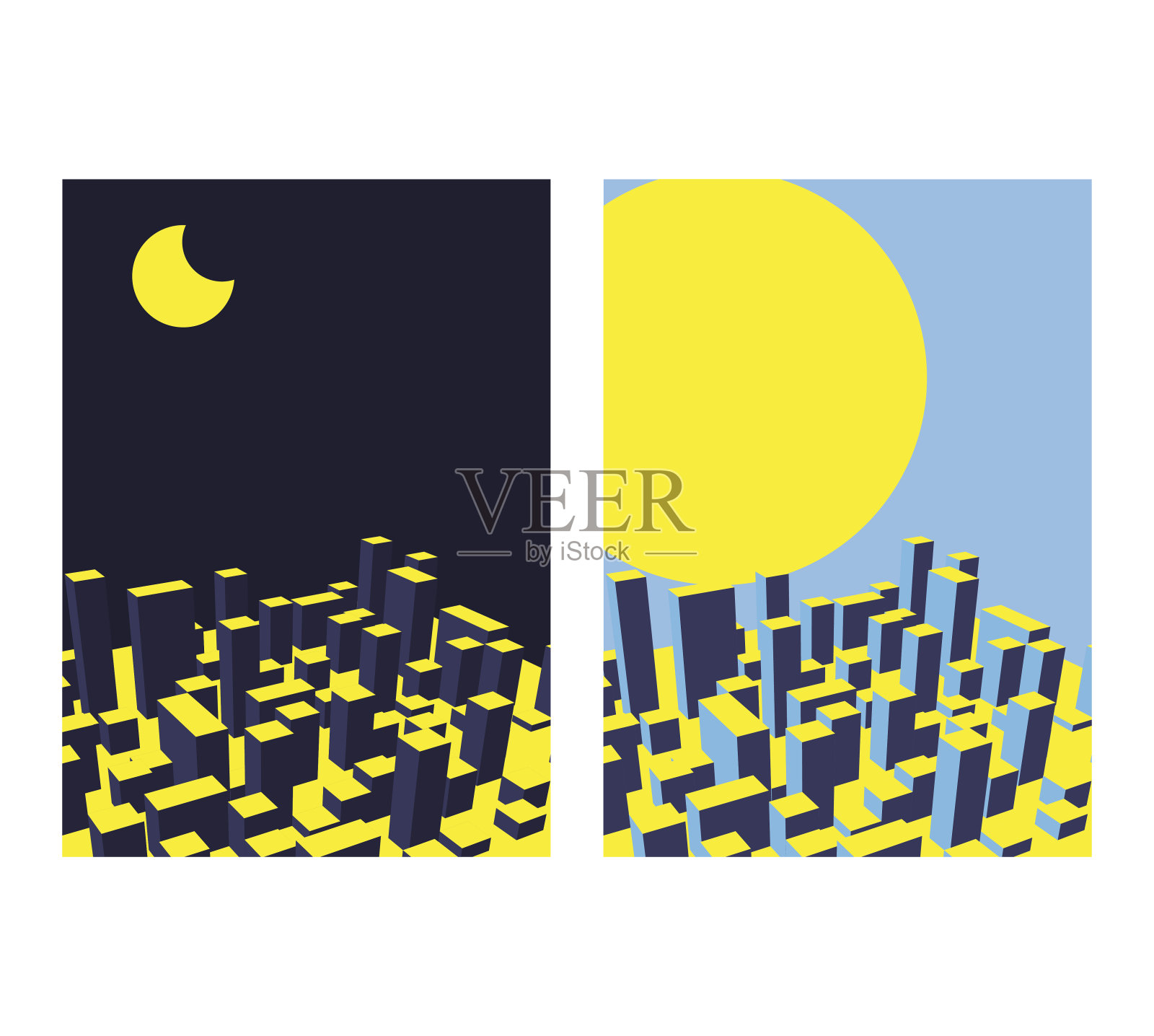 天际线城市黑夜和白天设置。抽象的小镇。工业景观矢量图插画图片素材