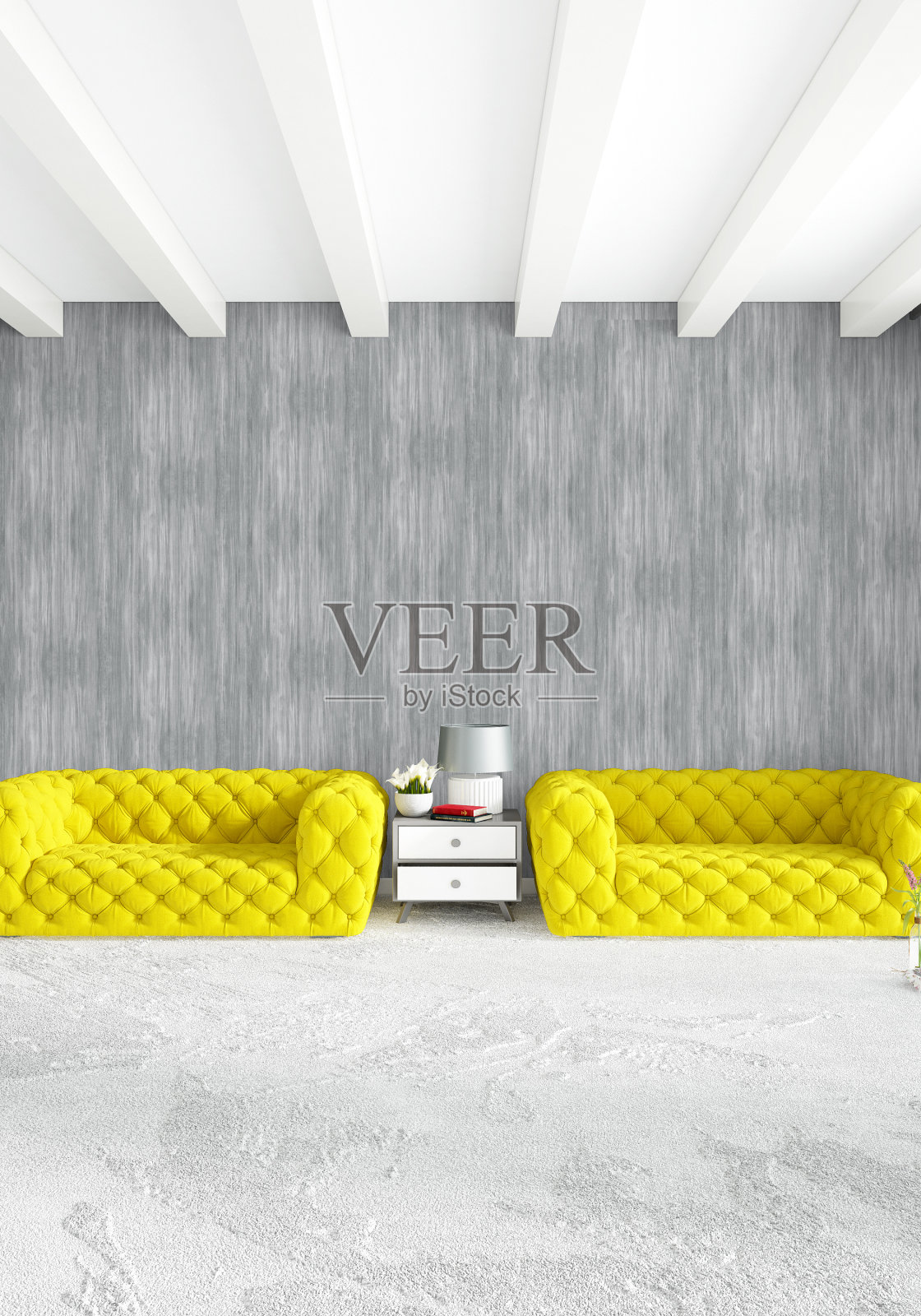 室内设计以木墙和灰色沙发为主。3D渲染，3D插图照片摄影图片