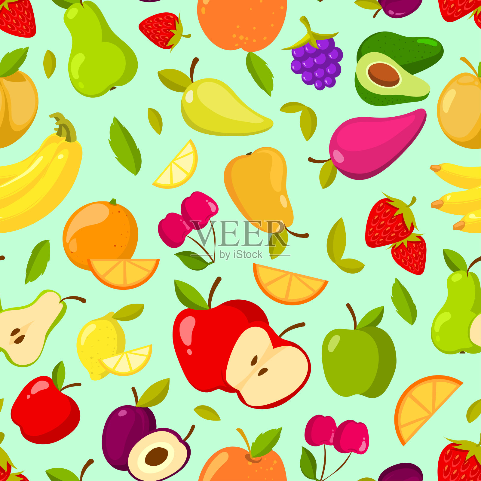 矢量无缝夏季水果图案。五彩缤纷的卡通背景插画图片素材