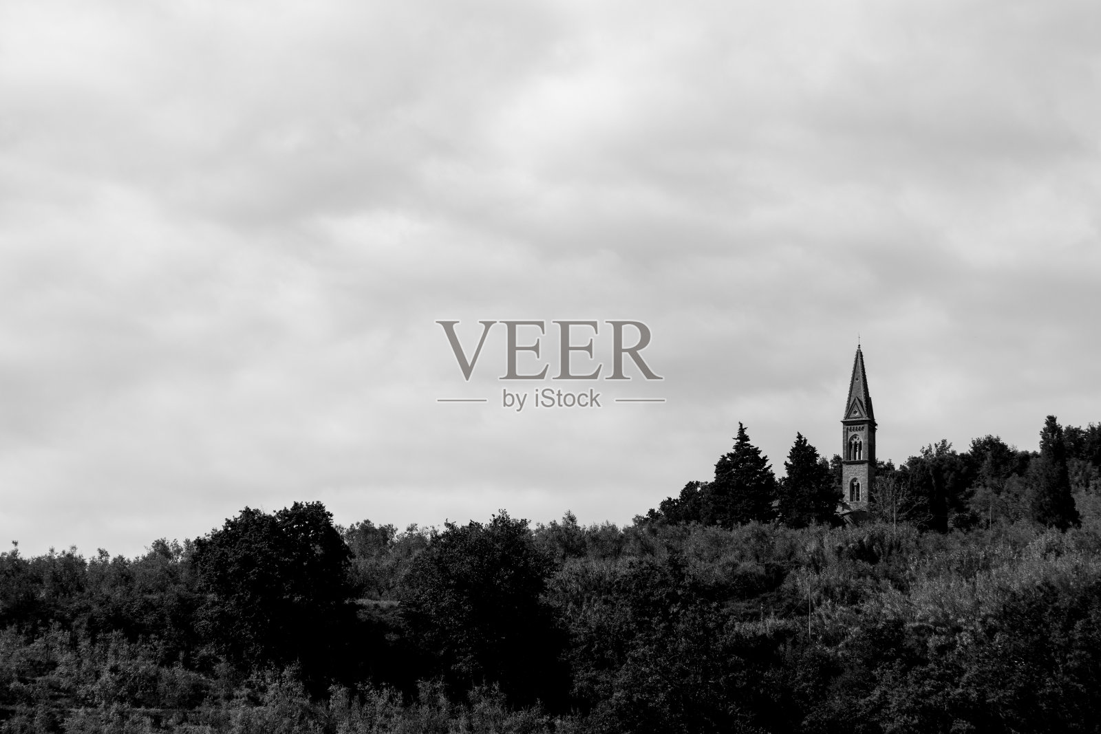 在阴沉沉的天空下，一座小教堂钟楼出现在森林中照片摄影图片