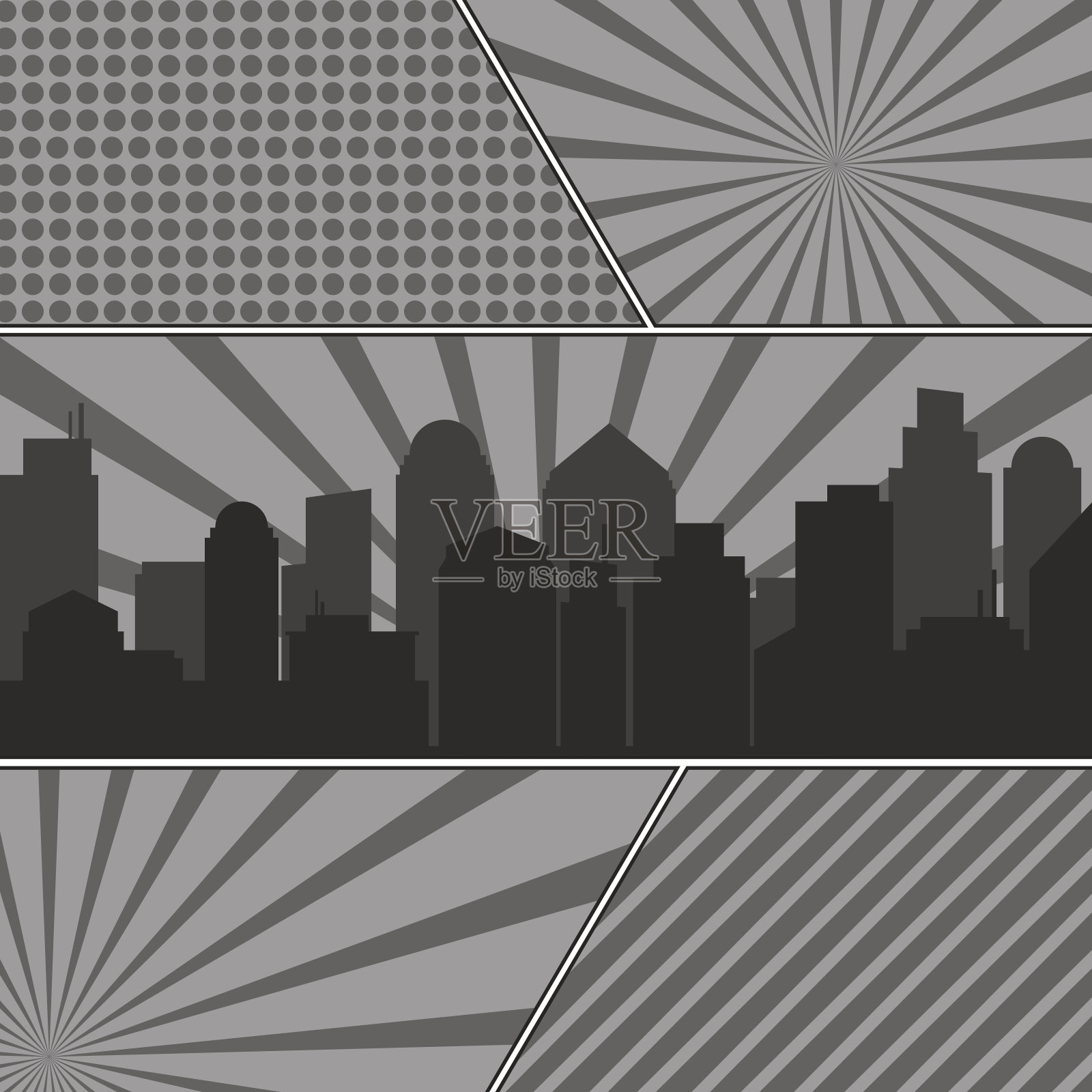 黑白漫画页模板与径向背景和城市剪影插画图片素材