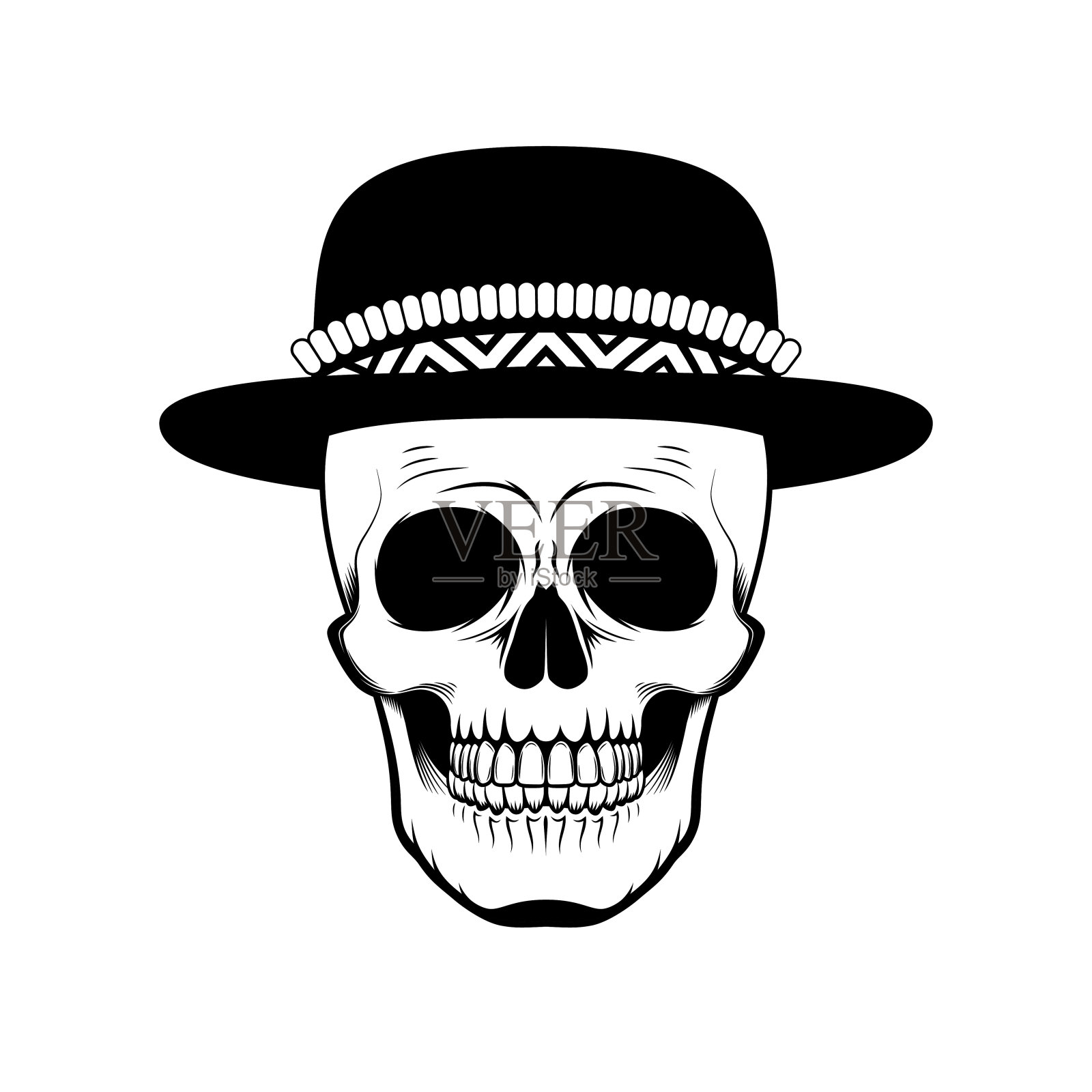 戴帽子的骷髅黑白图插画图片素材