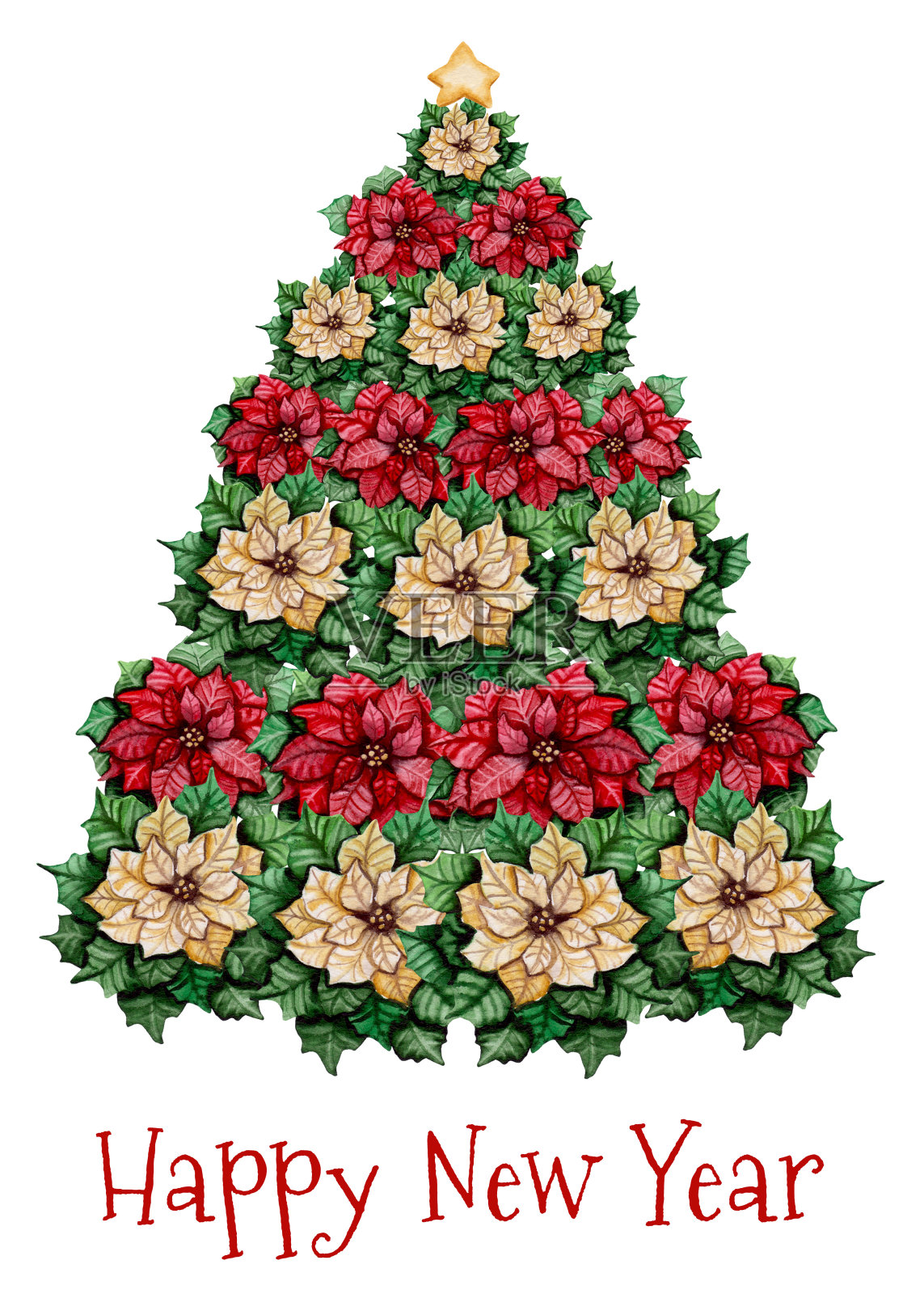 圣诞树水彩冬青花贺卡插画图片素材