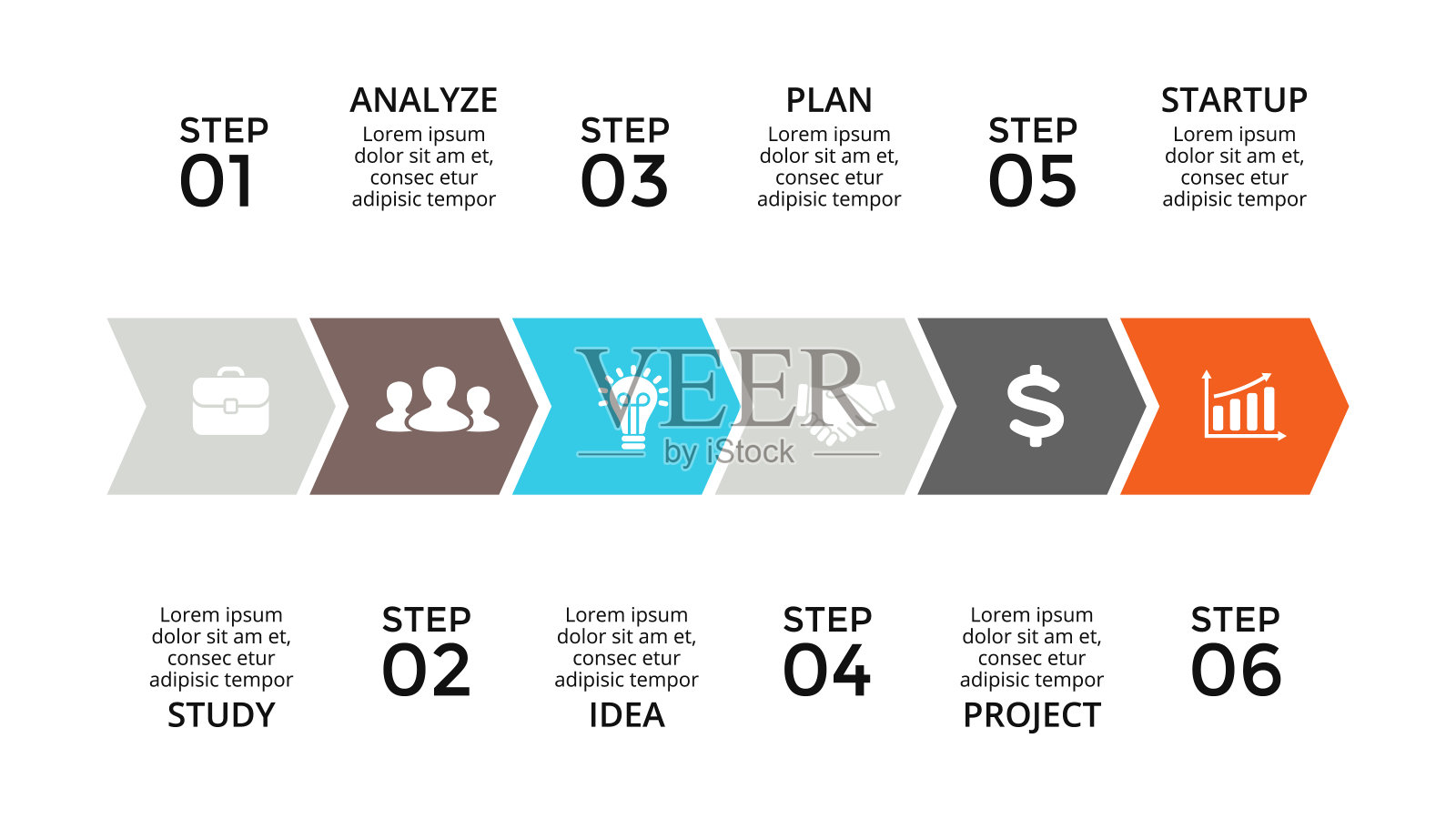 矢量箭头时间线信息图，图表图表，图形表示。业务进展概念有6个选项，零件，步骤，流程插画图片素材