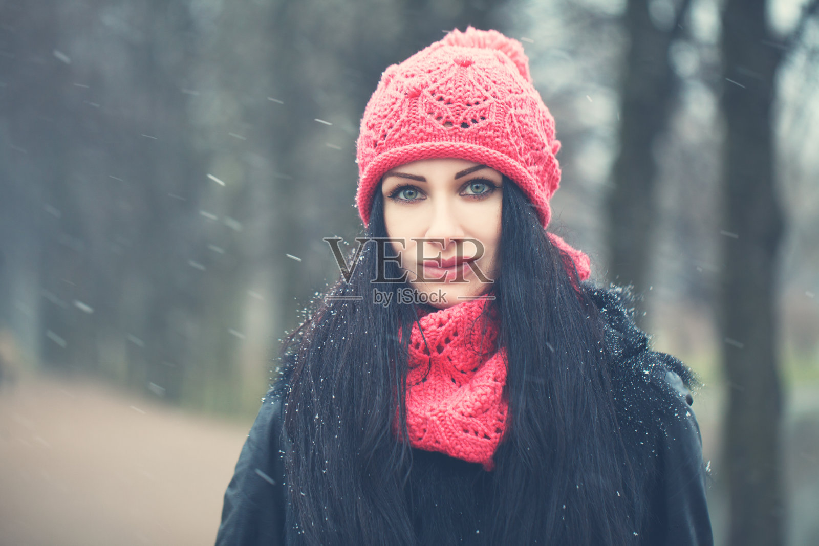 美丽的黑发女人在冬天的背景照片摄影图片