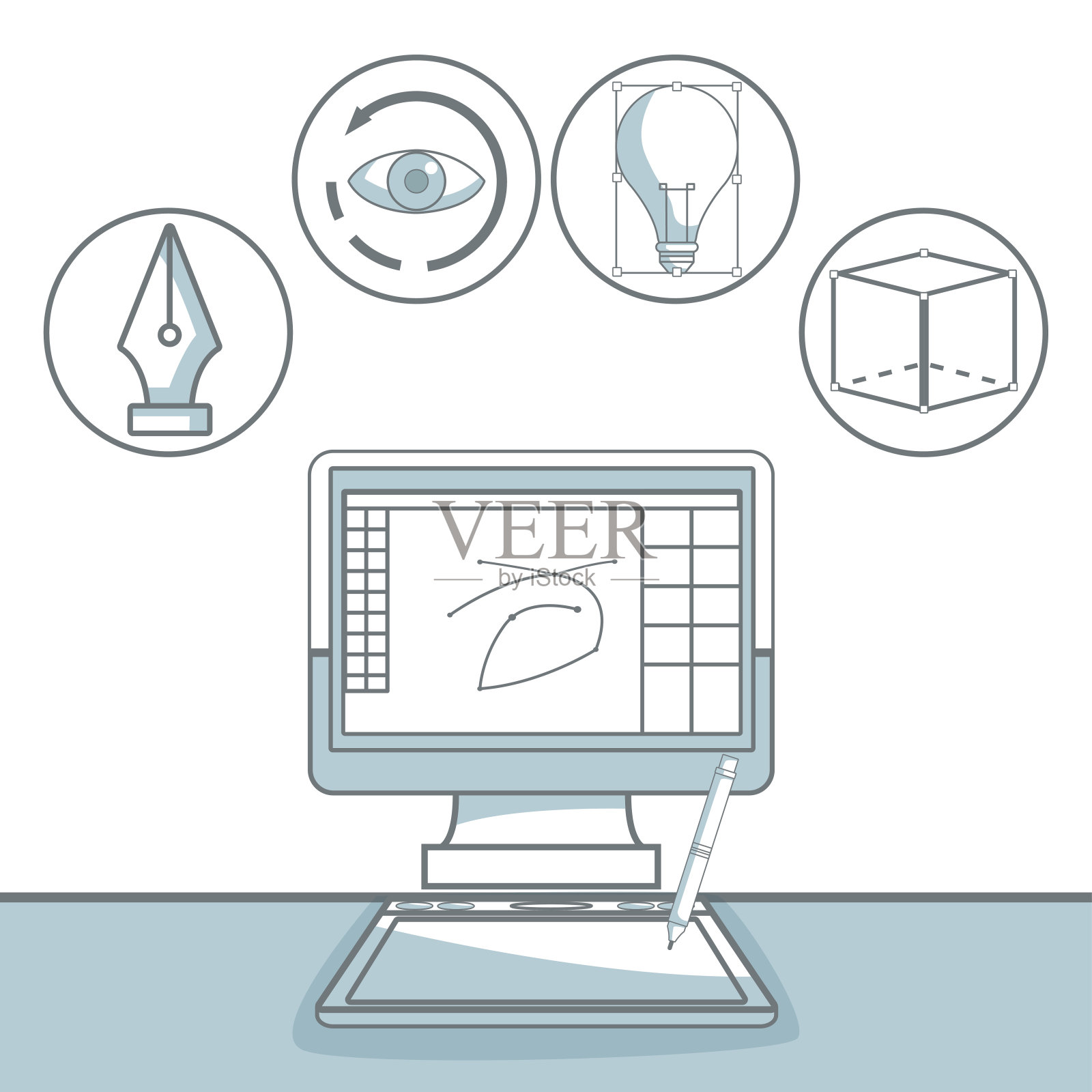 白色背景与剪影颜色部分阴影桌面电脑与图标图形设计插画图片素材