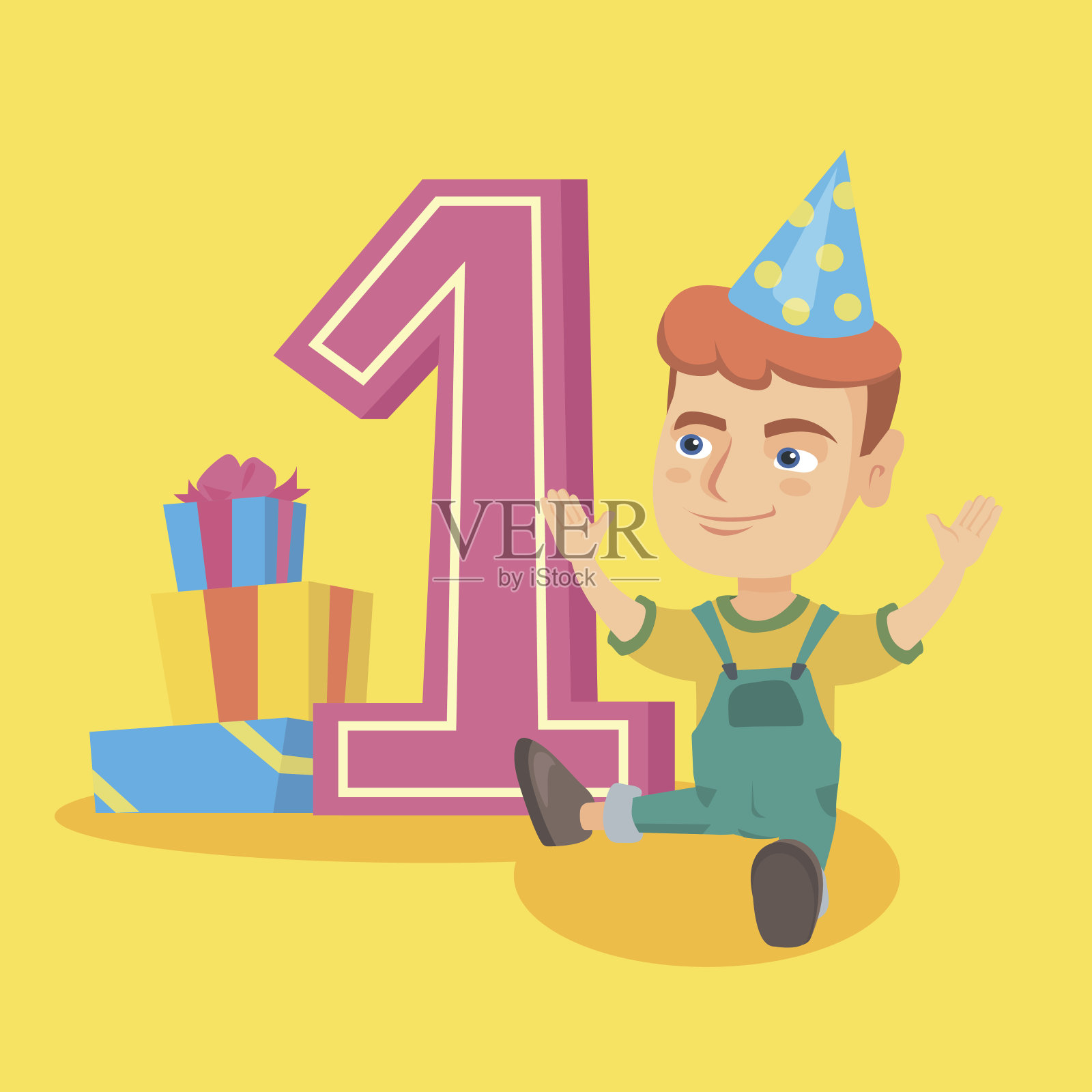 庆祝一周岁生日的白人男孩插画图片素材