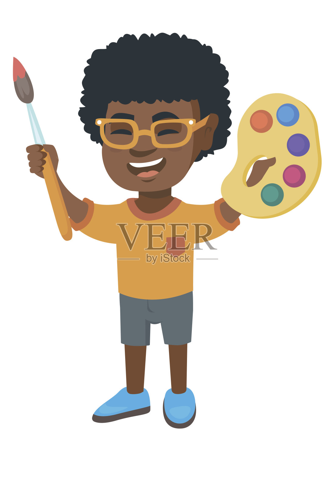 快乐的男孩用彩色的颜料和画笔画画插画图片素材