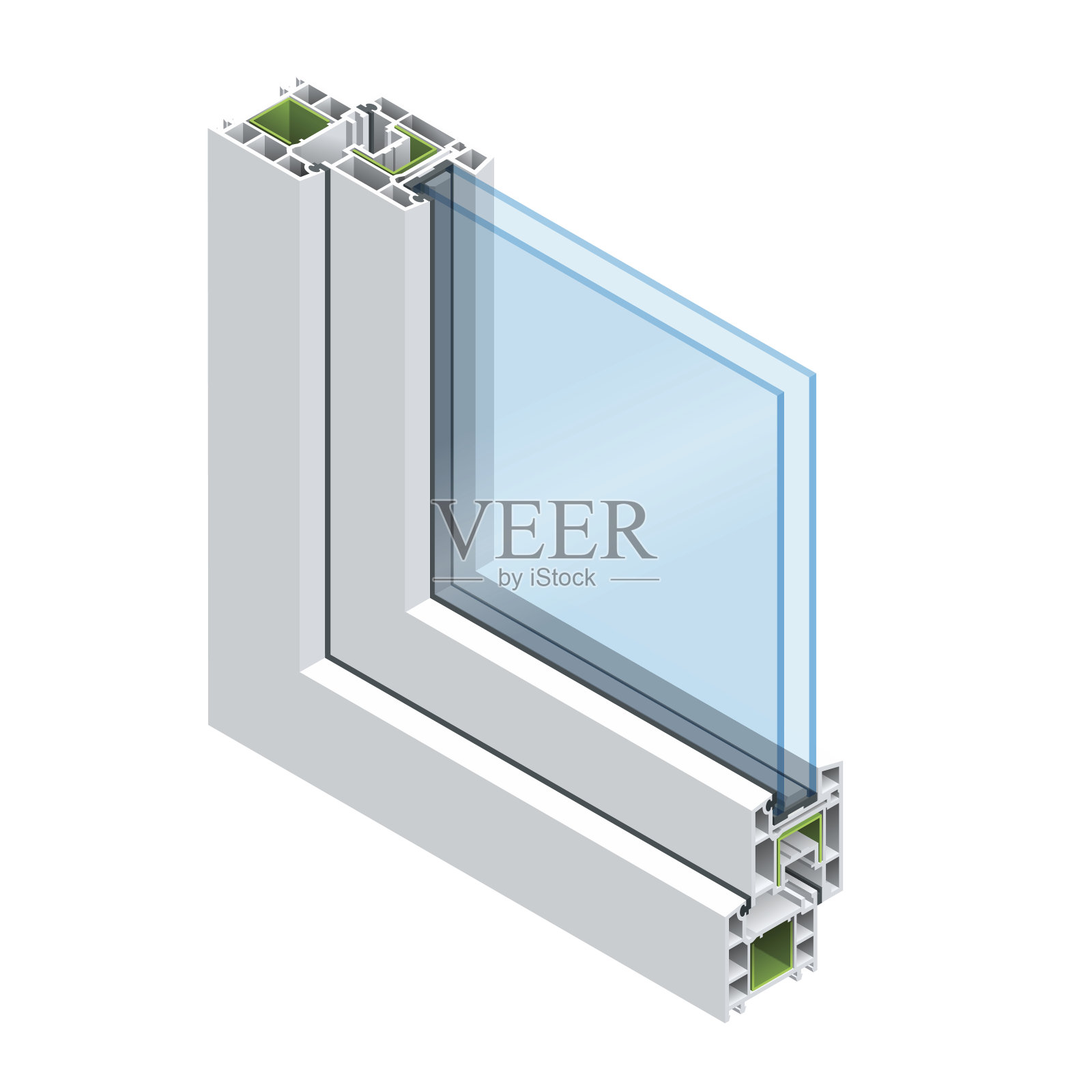 等距横截面通过窗玻璃PVC型材层压木纹，经典白色。平面矢量图解的玻璃窗横截面图。插画图片素材
